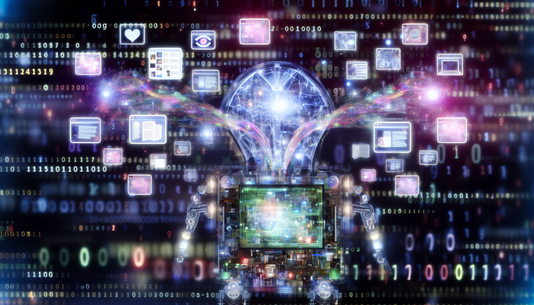 Visuelle Darstellung von KÃ¼nstlicher Intelligenz, die Inhalte fÃ¼r soziale Medien erstellt. Die KI wird als schlanke, fortschrittliche Maschine dargestellt, die mit leuchtenden, futuristischen Lichtern, komplexen Schaltkreis-Mustern und schwebenden holografischen Bildschirmen gefÃ¼llt ist. Die holografischen Bildschirme zeigen verschiedene Arten von Inhalten fÃ¼r soziale Medien, wie BlogbeitrÃ¤ge, Tweets, Bilder und Videos. Die Maschine interagiert mit den Bildschirmen Ã¼ber mehrfarbige, holografische Tentakeln. Der Hintergrund ist ein abstraktes Mosaik aus verschwommenen Zahlen und Code, um das digitale Reich zu symbolisieren, in dem die KI operiert.