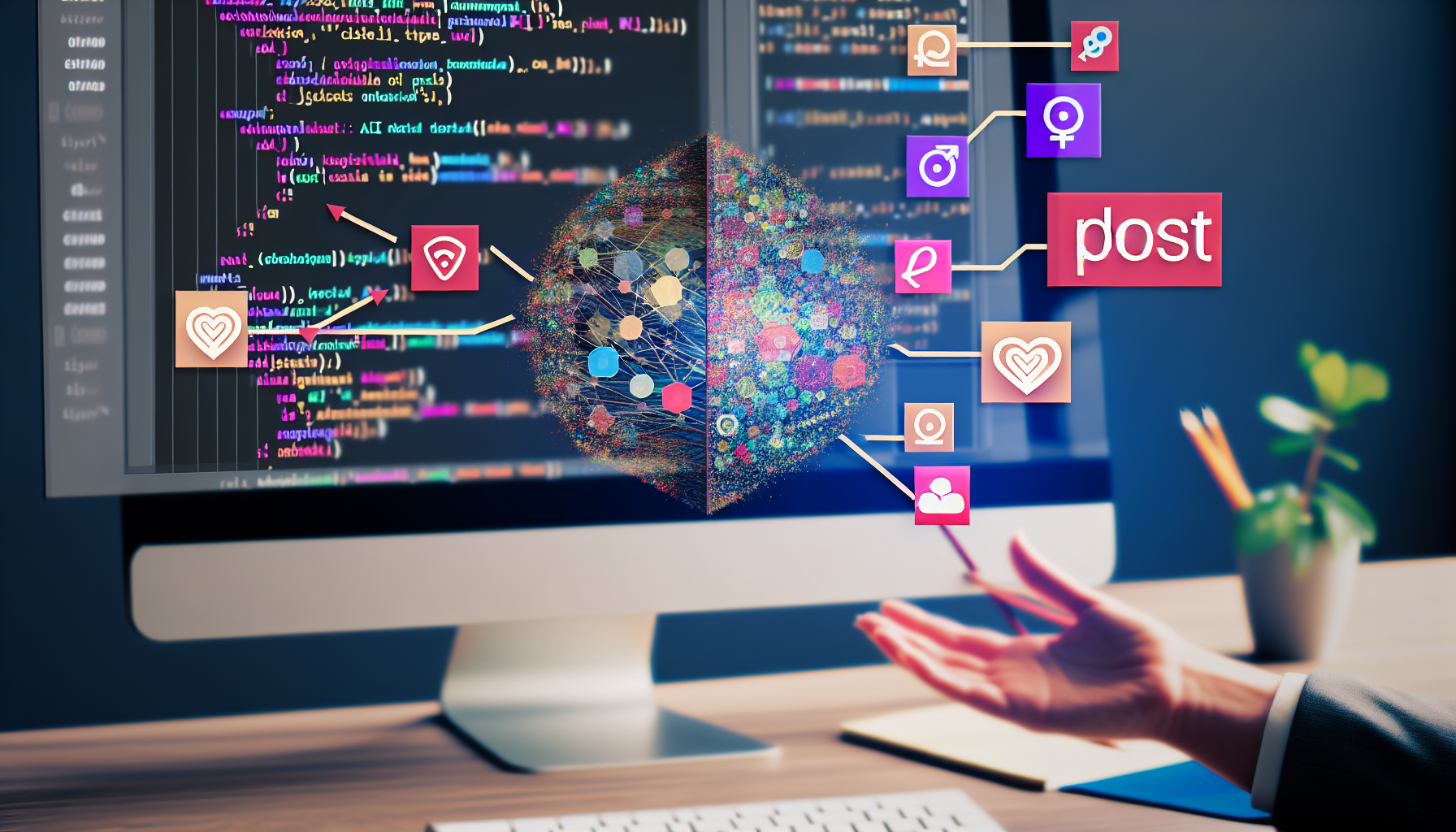 Erstellen Sie ein Bild, das den Prozess der Nutzung von kÃ¼nstlicher Intelligenz zur Erstellung von Inhalten fÃ¼r soziale Medien zeigt. Sie kÃ¶nnten einen Computer darstellen, auf dessen Bildschirm Code angezeigt wird, der einen bunten und kreativen Entwurf fÃ¼r einen generischen Social-Media-Dienst produziert. Der Prozess sollte dynamisch und faszinierend sein, wobei Daten in ansprechende Inhalte umgewandelt werden. Um den KI-Aspekt zu verdeutlichen, fÃ¼gen Sie visuelle Darstellungen von KI-Konzepten wie neuronalen Netzwerken oder maschinellen Lernalgorithmen hinzu. DarÃ¼ber hinaus sollte die Ausgabe der sozialen Medien als global zugÃ¤nglich, inklusiv und vielfÃ¤ltig dargestellt werden â€“ mit BerÃ¼cksichtigung verschiedener Geschlechter, Rassen und kultureller HintergrÃ¼nde.