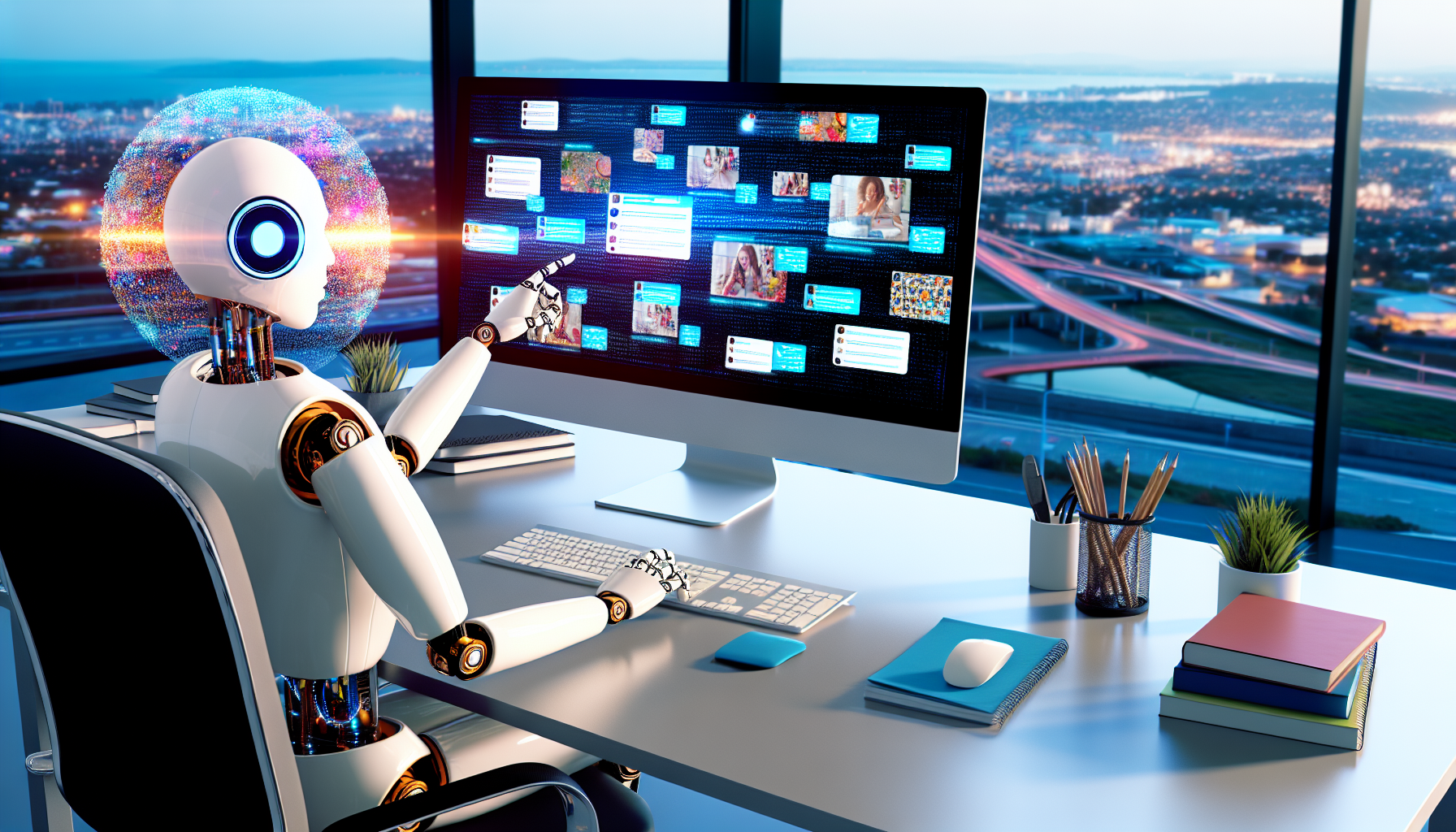 Erstellen Sie ein Bild, das das Konzept der Erstellung von Inhalten fÃ¼r soziale Medien mit kÃ¼nstlicher Intelligenz darstellt. Stellen Sie einen humanoiden Roboter dar, der an einem Computer in einer modernen BÃ¼roumgebung sitzt, mit den Fingern Ã¼ber der Tastatur, wÃ¤hrend er interessante BeitrÃ¤ge fÃ¼r soziale Medien kuratiert. Beleuchten Sie den Bildschirm mit einer lebhaften Anzeige von Tweets, dynamischen Infografiken, ordentlich angeordneten Hashtags und ansprechenden SchnappschÃ¼ssen. FÃ¼gen Sie im Hintergrund Elemente hinzu, die ProduktivitÃ¤t anzeigen, wie eine To-Do-Liste, ordentlich gestapelte Unterlagen, einen gut organisierten Schreibtisch mit einer Vielzahl von BÃ¼romaterialien und eine ruhige Stadtlandschaft, die durch ein groÃŸes Fenster sichtbar ist.