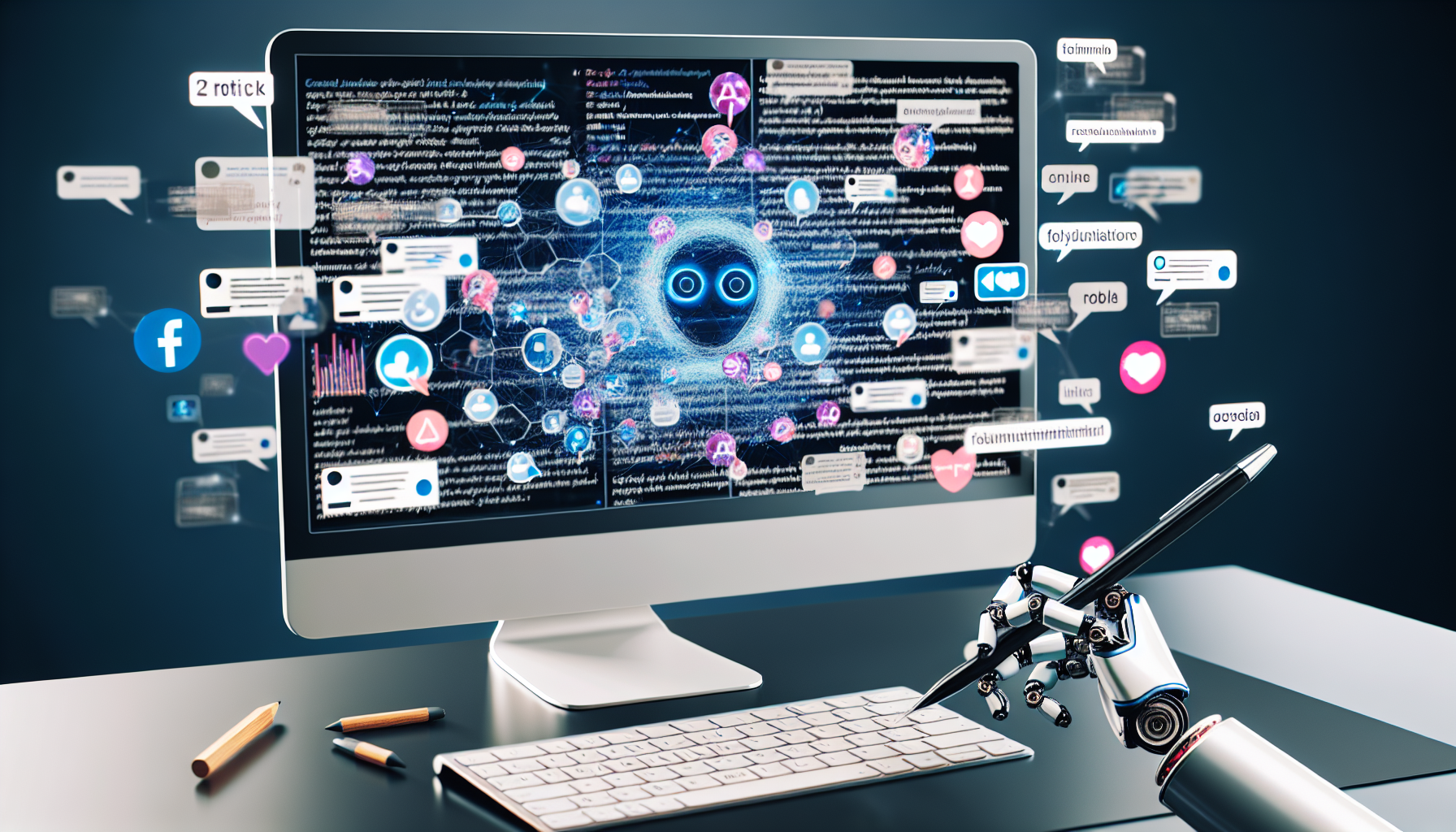 Visualisieren Sie ein auf kÃ¼nstlicher Intelligenz basierendes System, das Inhalte fÃ¼r soziale Medien erstellt. Es umfasst einen groÃŸen Computerbildschirm mit Textanalysen, Grafiken und Daten, die zusammenflieÃŸen, um fesselnde BeitrÃ¤ge fÃ¼r soziale Medien zu gestalten. Eine robotische Hand ist dabei zu sehen, wie sie auf einer futuristischen Tastatur tippt und einen Stylus auf einem digitalen Zeichenpad verwendet. Schwebende Texte, Symbole und Emojis um den Bildschirm herum zeigen das VerstÃ¤ndnis der KI und die Verwendung populÃ¤rer Sprachen der sozialen Medien an.