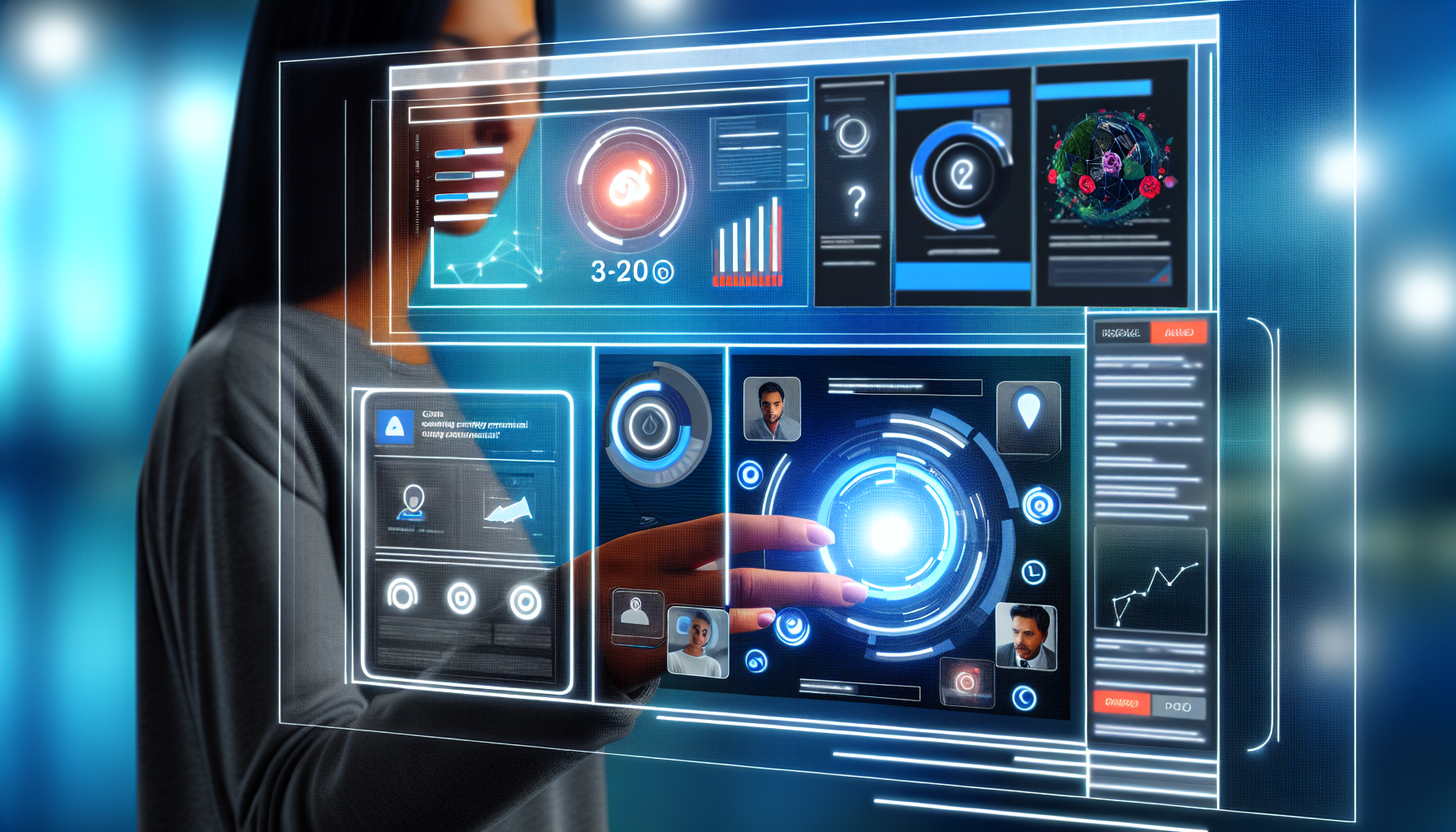 Erstellen Sie ein Bild einer futuristischen und eleganten BenutzeroberflÃ¤che fÃ¼r eine Social-Media-Anwendung, die kÃ¼nstliche Intelligenz nutzt. Die Anwendung ist in der Lage, BeitrÃ¤ge zu erstellen und zu planen, mit Followern zu interagieren und Leistungsdaten zu analysieren. Zeigen Sie mehrere Registerkarten, innovative Funktionen, ansprechende Designelemente und Datenvisualisierungen Ã¼ber den gesamten Bildschirm.