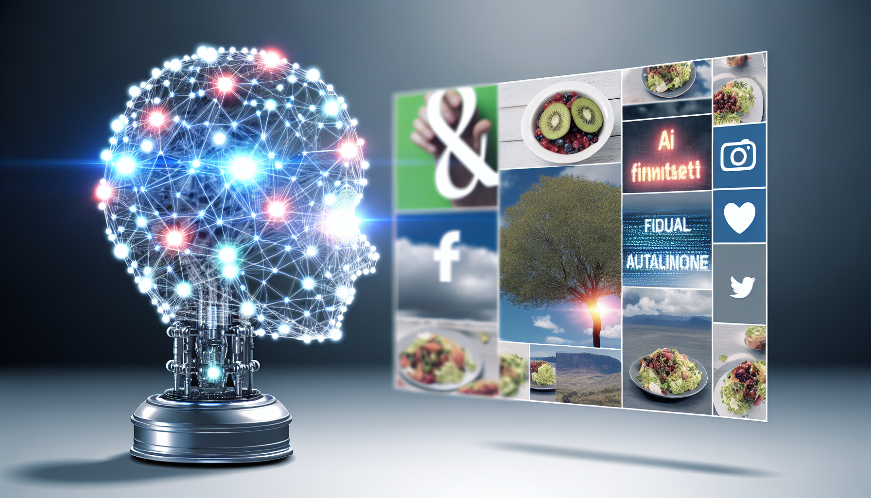 Erstellen Sie ein Bild von konzeptioneller kÃ¼nstlicher Intelligenz, die Inhalte fÃ¼r soziale Medien erstellt. Die KI kann als komplexes Netzwerk von miteinander verbundenen Knoten dargestellt werden, die mit digitaler Energie leuchten. DarÃ¼ber hinaus sollte ein Bildschirm dargestellt werden, der verschiedene Arten von Social-Media-BeitrÃ¤gen zeigt, wie Landschaftsfotografie, lustige Videos, motivierende Zitate und Bilder von Gourmetgerichten.