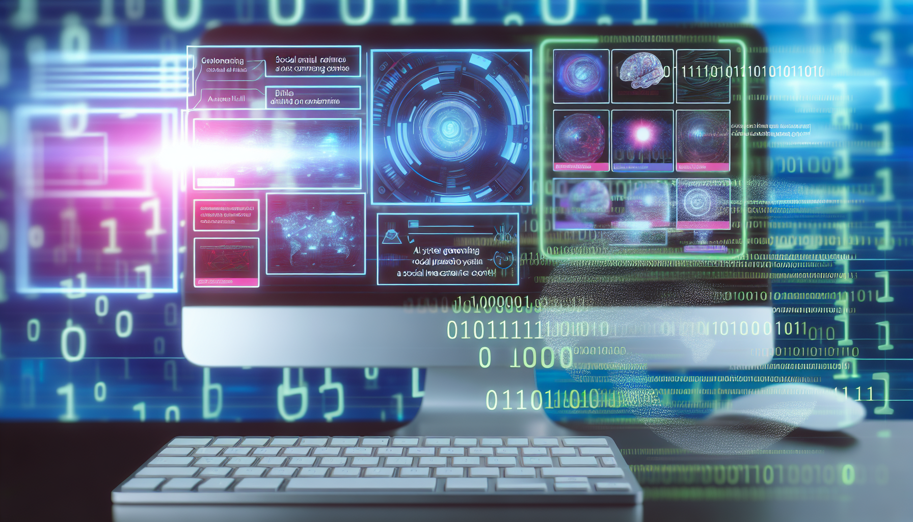 Erstellen Sie ein Bild, das ein KI-System zeigt, das Inhalte fÃ¼r soziale Medien generiert. Die Szene kÃ¶nnte ein futuristisches Computer-Console mit holografischen Bildschirmen und komplexen Datenvisualisierungen enthalten. Die erstellten Inhalte kÃ¶nnten vielfÃ¤ltig sein, von TextbeitrÃ¤gen Ã¼ber Infografiken, Video-Thumbnails bis hin zu animierten GIFs. Im Hintergrund kÃ¶nnten binÃ¤re Codes flieÃŸen, um den digitalen Prozess zu symbolisieren.