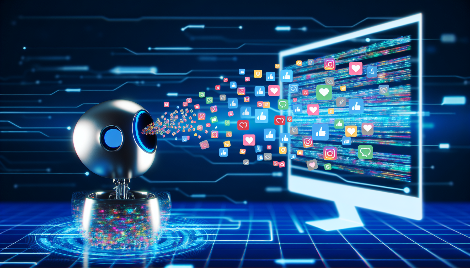 Eine Darstellung von kÃ¼nstlicher Intelligenz, die Inhalte fÃ¼r soziale Medien erstellt. Die KI wird als schlanke, modern aussehende Maschine dargestellt, die sich in digitale InformationsstrÃ¶me vertieft, die aus einem Computer strÃ¶men. Daten wie Kommentare, Bilder, BeitrÃ¤ge und Hashtags werden als bunte Symbole und Texte dargestellt, die in diesen StrÃ¶men schweben. Die KI nutzt fortschrittliche Technologie, wie ein 3D-Hologramm-Display, das eine Vorschau auf die Inhalte der sozialen Medien zeigt, die die KI erstellt, wobei einige der Daten-Symbole allmÃ¤hlich in einen potenziellen Social-Media-Beitrag umgewandelt werden. Die Umgebung spiegelt ein futuristisches High-Tech-Umfeld wider.