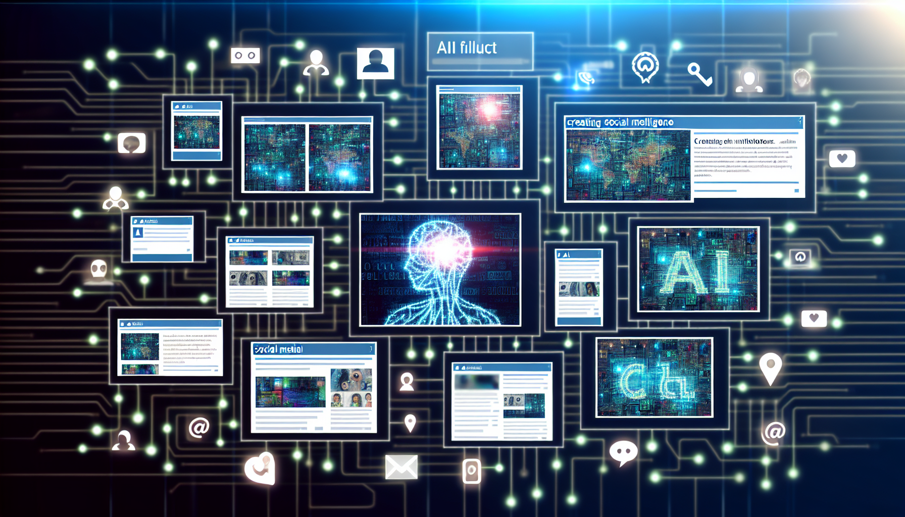 Erstellen Sie ein Bild, das die Verwendung von kÃ¼nstlicher Intelligenz bei der Erstellung von Inhalten fÃ¼r soziale Medien demonstriert. Zeigen Sie mehrere Bildschirme mit unterschiedlichen Arten von Inhalten, wie BlogbeitrÃ¤ge, Infografiken und Social-Media-Posts, die alle von einem KI-System generiert werden, das durch schaltkreisartige Muster und Lichtstrahlen dargestellt wird. Integrieren Sie verschiedene Elemente von sozialen Medien, wie Emoticons, Hashtags oder Follower-Zahlen. Denken Sie daran, die KI neutral darzustellen, ohne menschliche Eigenschaften.