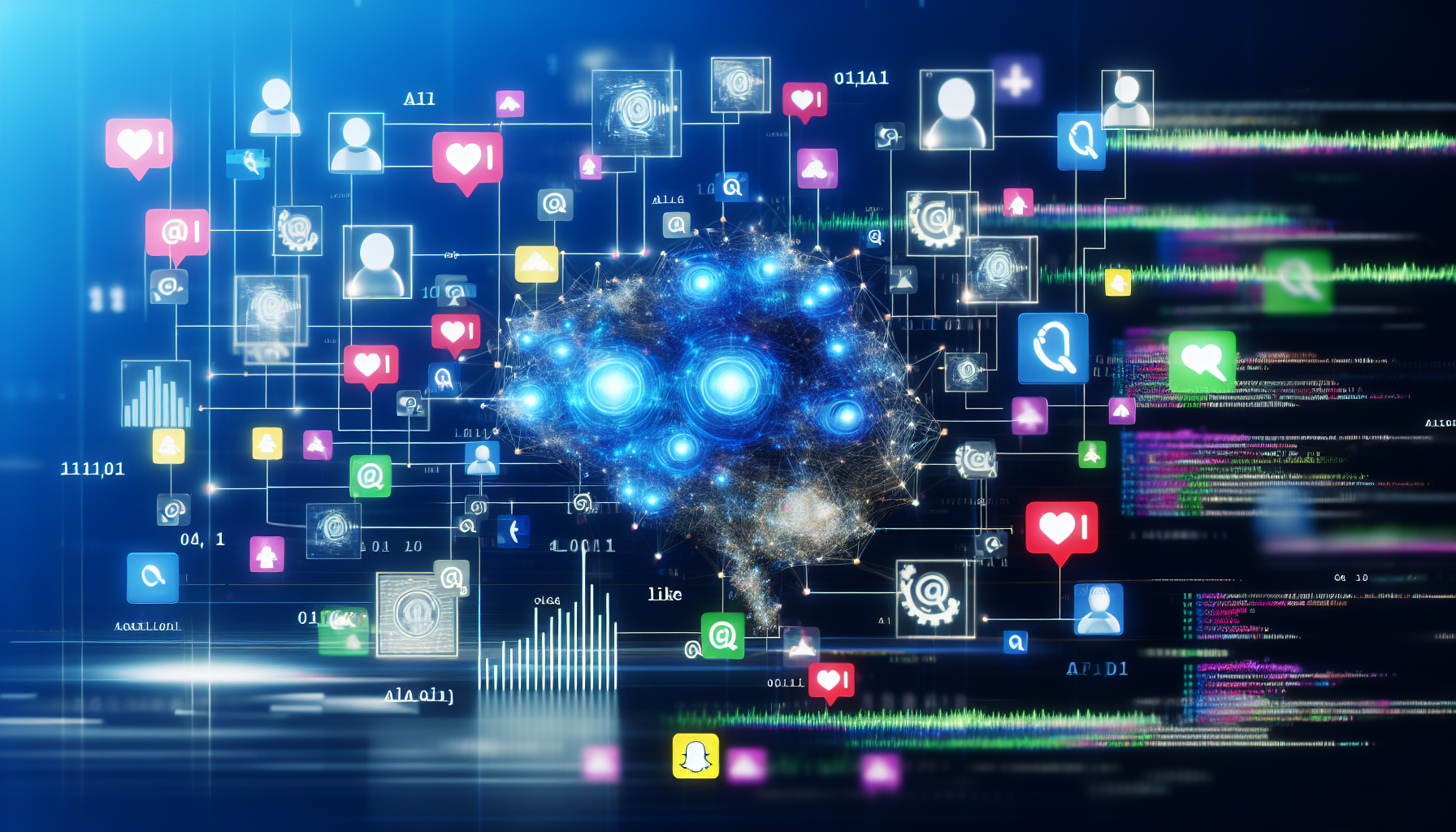 Eine visuelle Darstellung von kÃ¼nstlicher Intelligenz, die Inhalte fÃ¼r soziale Medien generiert. Die KI kÃ¶nnte als abstrakte digitale EntitÃ¤t dargestellt werden, umgeben von verschiedenen Symbolen sozialer Medien wie BeitrÃ¤gen, Hashtags, Emojis und Likes. AuÃŸerdem sollten Darstellungen von Algorithmen, DatenstrÃ¶men, Signalen und numerischen Codes, die typischerweise mit digitalen Prozessen verbunden sind, einbezogen werden. Die gesamte Szene kann eine futuristische AtmosphÃ¤re haben.