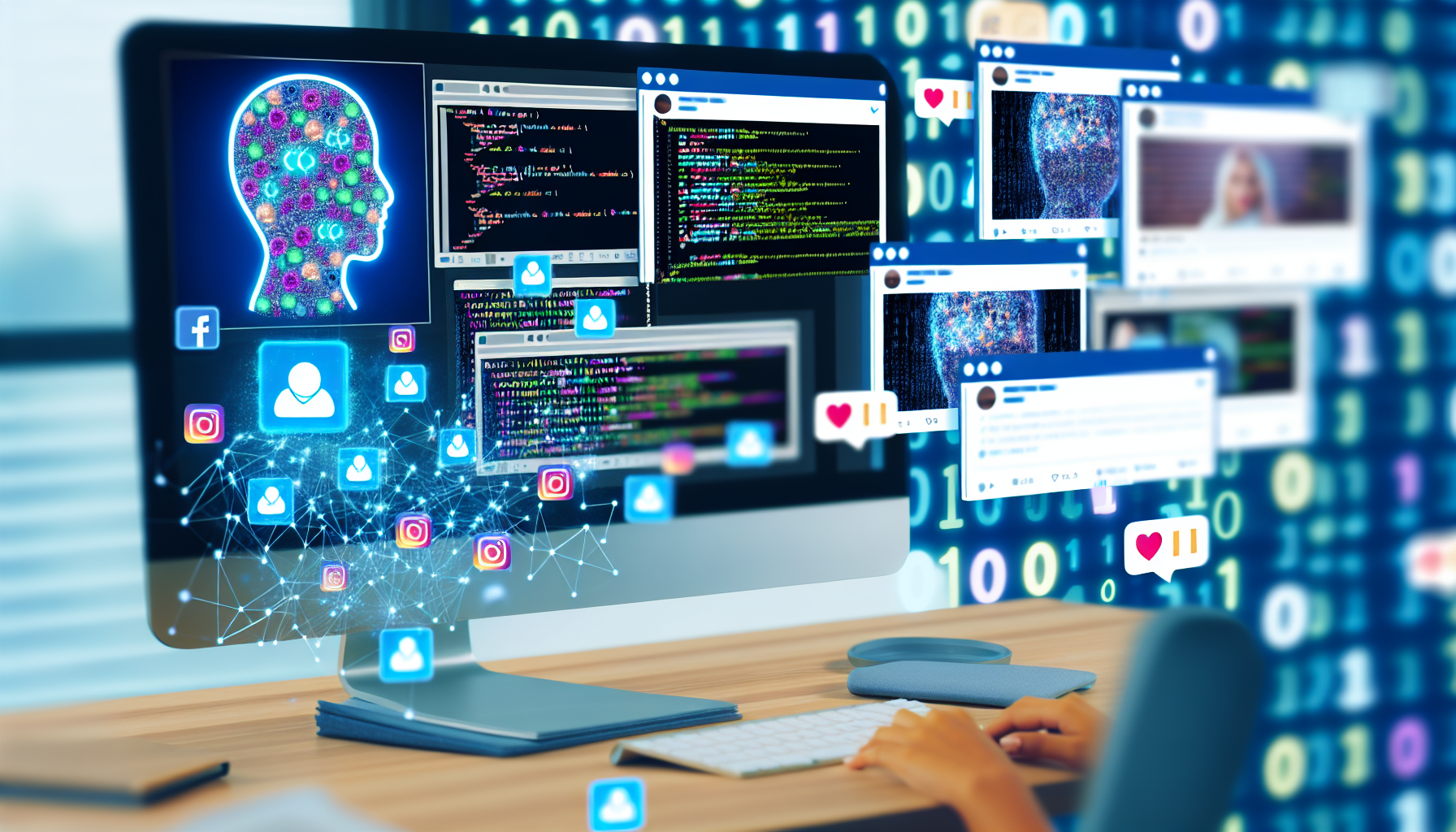 Erstellen Sie ein Bild, das die Erstellung von Inhalten fÃ¼r soziale Medien mithilfe von kÃ¼nstlicher Intelligenz darstellt. Visualisieren Sie dies als modernen Arbeitsplatz mit mehreren Bildschirmen, von denen einer einen Code-Editor mit KI-Algorithmen zeigt und andere beliebte soziale Medienplattformen mit frisch generierten BeitrÃ¤gen anzeigen. FÃ¼gen Sie Symbole wie neuronale Netzwerke und BinÃ¤rcode hinzu, um die KI darzustellen.