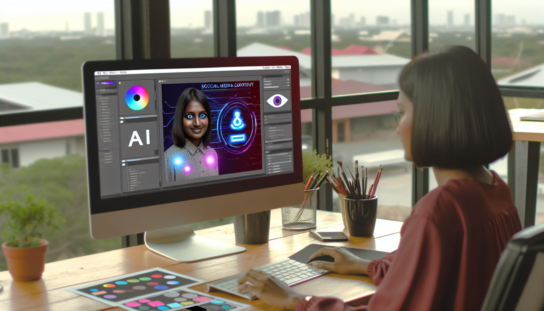 Erstellen Sie ein Bild, das eine weibliche sÃ¼dasiatische KI-Programmiererin zeigt, die Inhalte fÃ¼r soziale Medien an ihrem Computer entwirft. Der Computerbildschirm sollte einige Grafikdesign-Tools anzeigen, und auf ihrem Schreibtisch sollten einige Entwurfsskizzen und eine Kaffeetasse stehen. Die Umgebung sollte ein modernes, gut beleuchtetes BÃ¼ro sein, mit einem Blick auf die Stadtlandschaft aus dem Fenster.