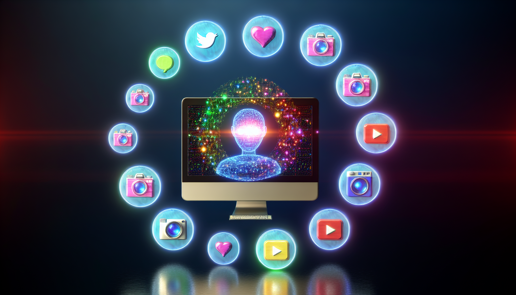 Erstellen Sie eine visuelle Darstellung von kÃ¼nstlicher Intelligenz, die Inhalte fÃ¼r soziale Medien generiert. Zeigen Sie einen Computer, der von Hologrammen umgeben ist, die verschiedene soziale Medienplattformen reprÃ¤sentieren, wie einen Vogel fÃ¼r Mikro-Blogging, eine Kamera fÃ¼r das Teilen von Fotos, einen Play-Button fÃ¼r das Teilen von Videos usw. Die KI, dargestellt durch eine helle Lichtquelle im Computer, sollte aktiv Inhalte verteilen, die als bunte Informationsbits dargestellt sind, an all diese Plattformen.