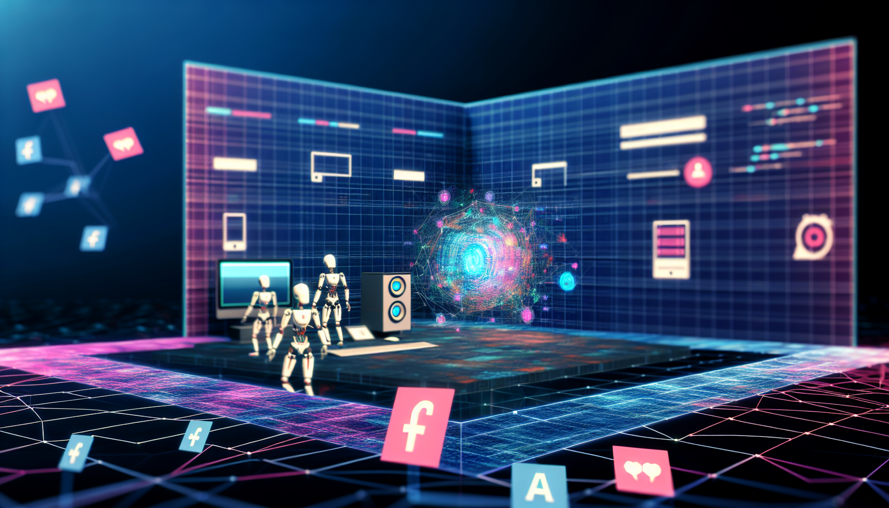 Erstellen Sie ein Bild, das die Erstellung von Inhalten fÃ¼r soziale Medien mithilfe von kÃ¼nstlicher Intelligenz zeigt. Die Szene sollte eine futuristische Umgebung mit fortschrittlichen Computersystemen und Algorithmen darstellen, die interaktiv arbeiten, um ansprechende Inhalte zu generieren. Bildliche Elemente kÃ¶nnten 3D-gerenderte Grafiken, Algorithmusmuster und eine Matrix von Symbolen sozialer Medien umfassen.