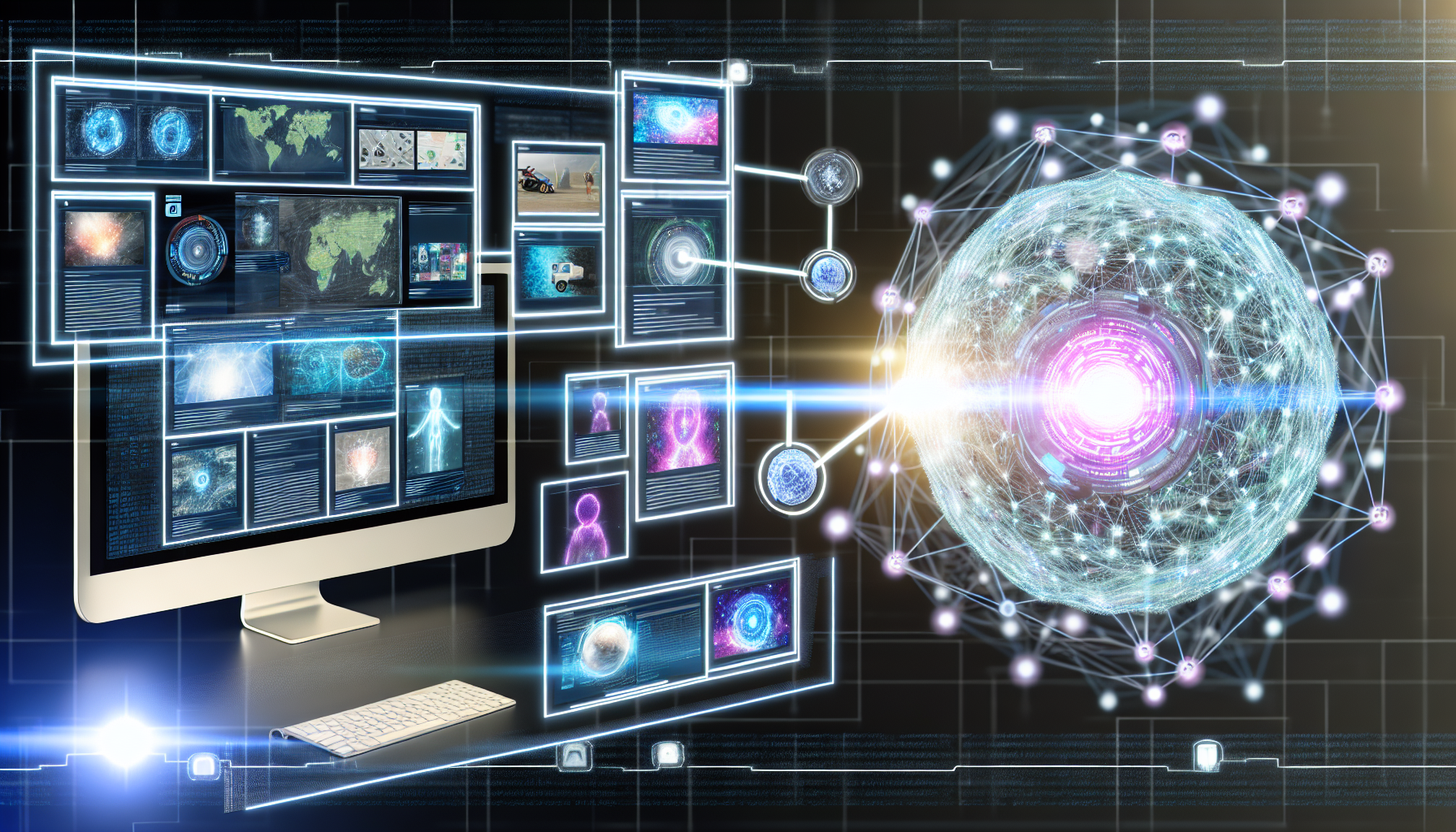 Erstellen Sie ein Bild, das die Verwendung von KÃ¼nstlicher Intelligenz (KI) zur Generierung vielfÃ¤ltiger Inhalte fÃ¼r soziale Medien darstellt. Das Bild sollte ein futuristisches Computersystem mit mehreren Bildschirmen zeigen, die verschiedene Arten von Inhalten wie Bilder, TextbeitrÃ¤ge und Infografiken anzeigen. Die KI sollte als leuchtende Kugel aus vernetzten Knoten und Linien dargestellt werden, die mit DatenstrÃ¶men pulsiert. Sie sollte mit dem Computersystem verbunden sein, um zu zeigen, dass sie die Inhalte generiert. ZusÃ¤tzlich sollte ein Benutzer zu sehen sein, der mit der KI und den Inhalten der sozialen Medien Ã¼ber eine holografische Schnittstelle interagiert.
