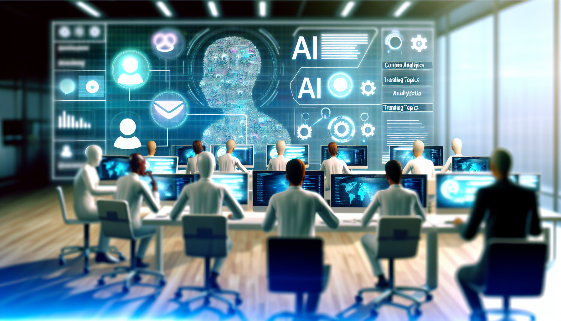 Erstellen Sie ein Bild, das den Prozess der Erstellung von Inhalten fÃ¼r soziale Medien mithilfe von kÃ¼nstlicher Intelligenz darstellt. Die Szene sollte eine elegante, futuristische KI-OberflÃ¤che zeigen, mit vielen Bildschirmen, die Datenanalysen, Werkzeuge zur Inhaltserstellung und Analysen von Trendthemen anzeigen. Visualisieren Sie dies in einer hellen, modernen BÃ¼roumgebung. FÃ¼gen Sie anonyme Personen unterschiedlicher Herkunft und Geschlechter hinzu, die nachdenklich die Daten untersuchen und mit den KI-Tools auf ihren hochmodernen GerÃ¤ten interagieren.