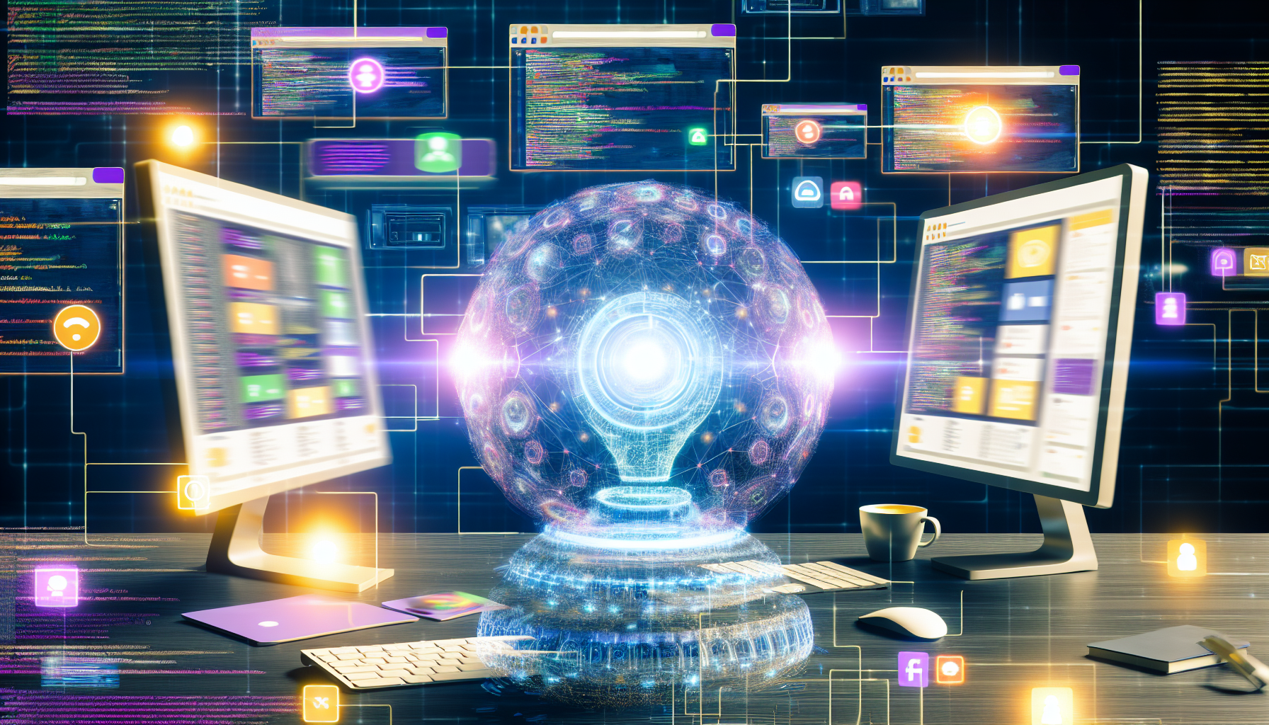 Erstellen Sie ein Bild, das den Prozess der Nutzung von kÃ¼nstlicher Intelligenz zur Erstellung von Inhalten fÃ¼r soziale Medien darstellt. Zeigen Sie eine futuristische KI-Maschine, die hart arbeitet, mit digitalen Schnittstellen, Codezeilen und flieÃŸenden Informationen. Die Darstellung der KI ist eine groÃŸe, kugelfÃ¶rmige EntitÃ¤t, die mit Energie leuchtet. Die Computerbildschirme um sie herum zeigen verschiedene soziale Medienplattformen, die alle mit bunten, ansprechenden Inhalten und Statistiken gefÃ¼llt sind, die positive Engagement-Ergebnisse anzeigen.