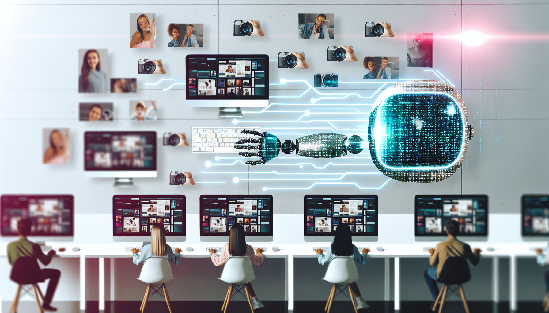 Erstellen Sie ein Bild, das das Konzept der Erstellung von Inhalten fÃ¼r soziale Medien mithilfe von kÃ¼nstlicher Intelligenz veranschaulicht. Stellen Sie sich einen modernen Arbeitsplatz vor, an dem mehrere Computer verschiedene Arten von Social-Media-BeitrÃ¤gen auf ihren Bildschirmen anzeigen, wie Blogging, Fotografie und Videoinhalte. FÃ¼gen Sie ein KI-Thema hinzu, wie eine robotische Hand, die auf einer Tastatur tippt, oder einen holografischen KI-Assistenten, der einen Beitrag entwirft. Einige Personen sitzen an den Computern, arbeiten und erstellen Inhalte - eine kaukasische Frau, ein hispanischer Mann und eine schwarze Frau. Stellen Sie sicher, dass die Szene eine futuristische und hochmoderne AtmosphÃ¤re ausstrahlt.
