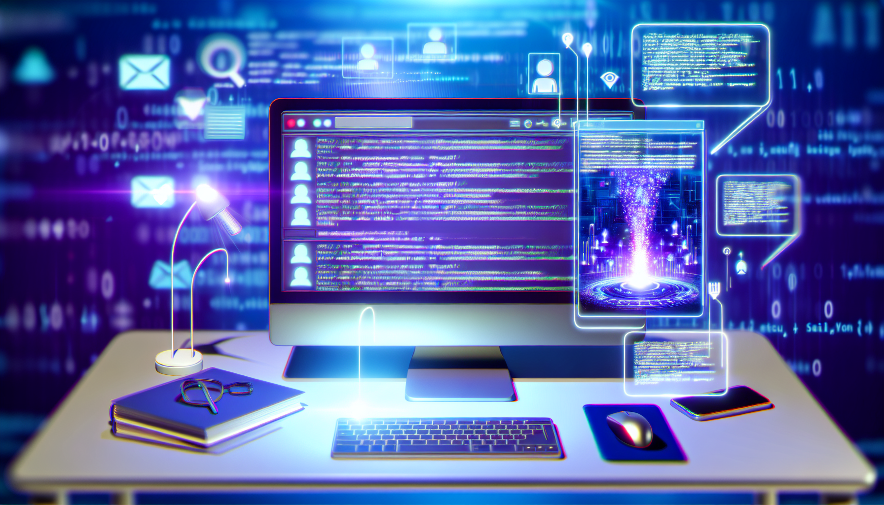 Illustration eines kÃ¼nstlichen Intelligenzprogramms, das Inhalte fÃ¼r soziale Medien erstellt. Zeigen Sie einen Computer mit einer digitalen Szene auf dem Bildschirm, auf dem eine Sammlung verschiedener Arten von Inhalten verarbeitet wird - Tweets, AuszÃ¼ge aus BlogbeitrÃ¤gen, Bilder und mehr. Der Computer sollte ein futuristisches, leicht leuchtendes Ã„uÃŸeres haben. Es gibt Codesymbole und Signale, die in der Luft flieÃŸen und die aktive Verarbeitung von Informationen durch die KI anzeigen. Die Szene ist in einer eleganten, modernen Umgebung angesiedelt, mit einem sauberen, gut gestalteten Schreibtisch und anderen hochmodernen GerÃ¤ten in der Umgebung.
