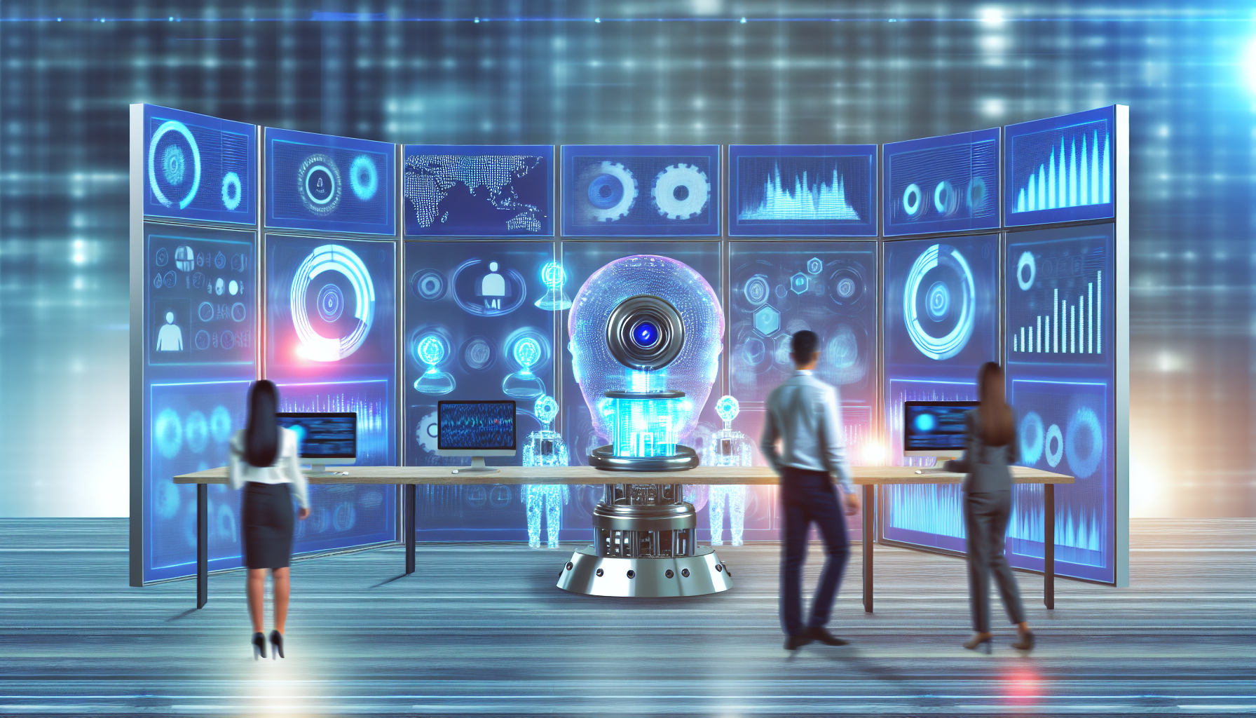 Erstellen Sie ein Bild, das die Erstellung von Social-Media-Inhalten unter Verwendung von kÃ¼nstlicher Intelligenz darstellt. Das Bild sollte einen futuristischen Arbeitsplatz zeigen, an dem mehrere intelligente Bildschirme verschiedene Analysen und Leistungsdiagramme anzeigen. In der Mitte sollte eine KI-gesteuerte Maschine oder Softwareanwendung aktiv interessante Social-Media-BeitrÃ¤ge generieren. Alle anwesenden Menschen sollten dabei zu sehen sein, wie sie die Effizienz des Prozesses Ã¼berwachen â€“ einschlieÃŸlich eines mÃ¤nnlichen Mitarbeiters mit mittlerer Herkunft und einer weiblichen Mitarbeiterin hispanischer Abstammung in professioneller Kleidung.
