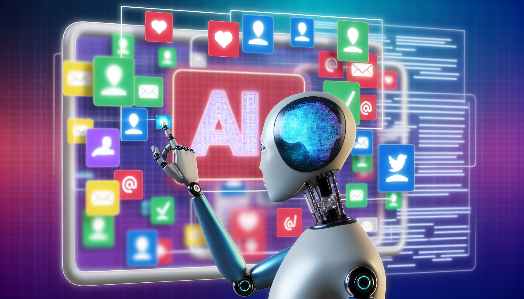 Erstellen Sie eine bildliche Darstellung von kÃ¼nstlicher Intelligenz, die Inhalte fÃ¼r soziale Medien generiert. Zeigen Sie ein stilisiertes, abstraktes KI-Emblem, das einen Bildschirm berÃ¼hrt, der voller verschiedener Arten von Social-Media-BeitrÃ¤gen ist â€“ wie Nachrichten, Fotovorschaubilder, kurze Videos und Umfrageergebnisse. Der Bildschirm und die BeitrÃ¤ge sollten bunt sein und verschiedene bekannte Symbole sozialer Medien anzeigen, wÃ¤hrend das KI-Emblem ein schlankes, metallisches Aussehen haben sollte. Die AtmosphÃ¤re des Bildes sollte geschÃ¤ftig, aber organisiert wirken und auf die Effizienz und KomplexitÃ¤t der Prozesse der KI hinweisen.