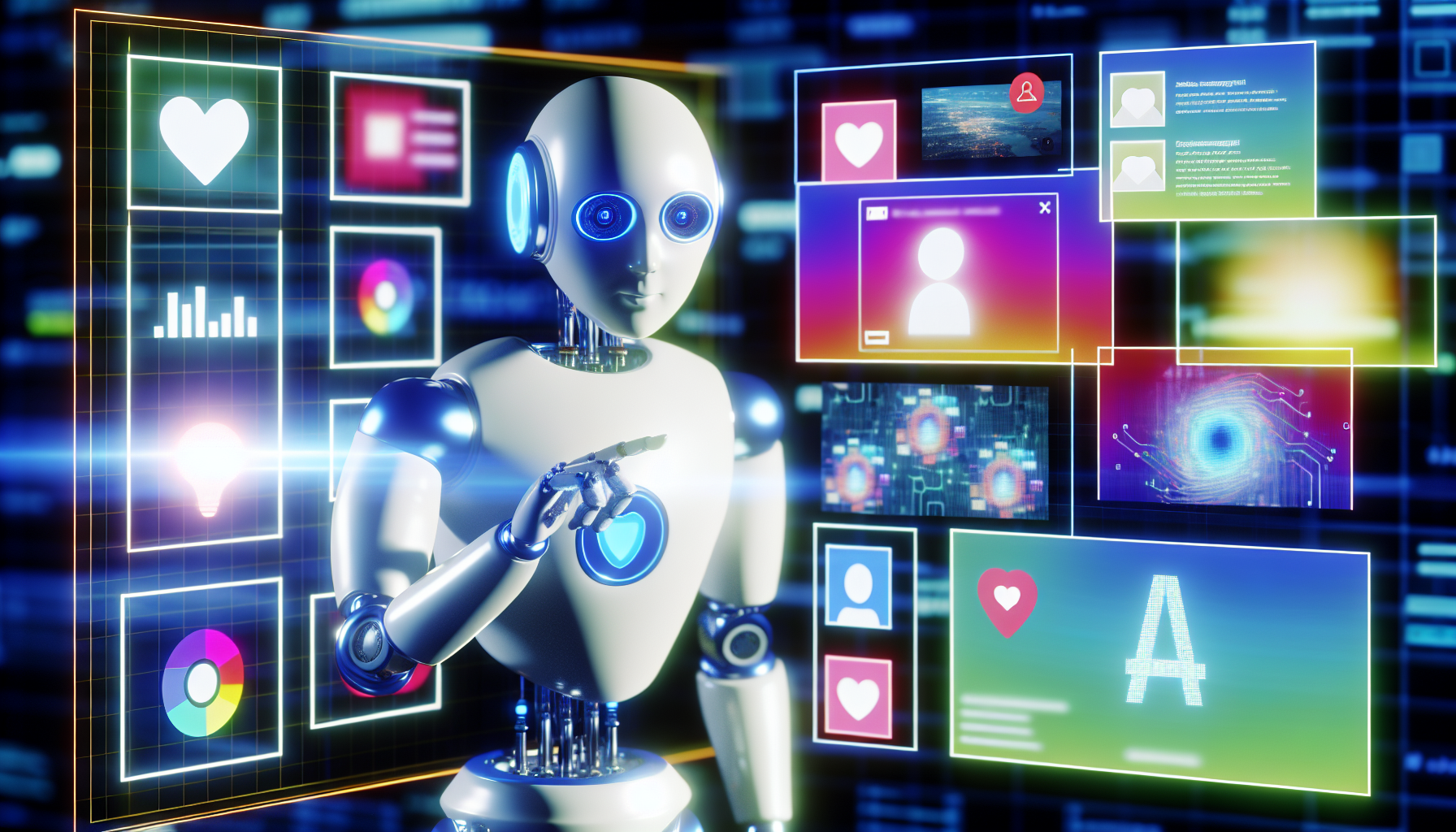 Generiere ein Bild von kÃ¼nstlicher Intelligenz, die Inhalte fÃ¼r soziale Medien erstellt. Die Szene zeigt ein futuristisches GerÃ¤t, vielleicht einen Roboter oder einen holografischen Bildschirm, auf dem verschiedene Arten von Inhalten wie Bilder, Videos, TextbeitrÃ¤ge und Live-Streams generiert und verwaltet werden. Die KI wird in einem anthropomorphen Design dargestellt und ist aktiv dabei, neue Inhalte auszuwÃ¤hlen, zu organisieren und zu erstellen.