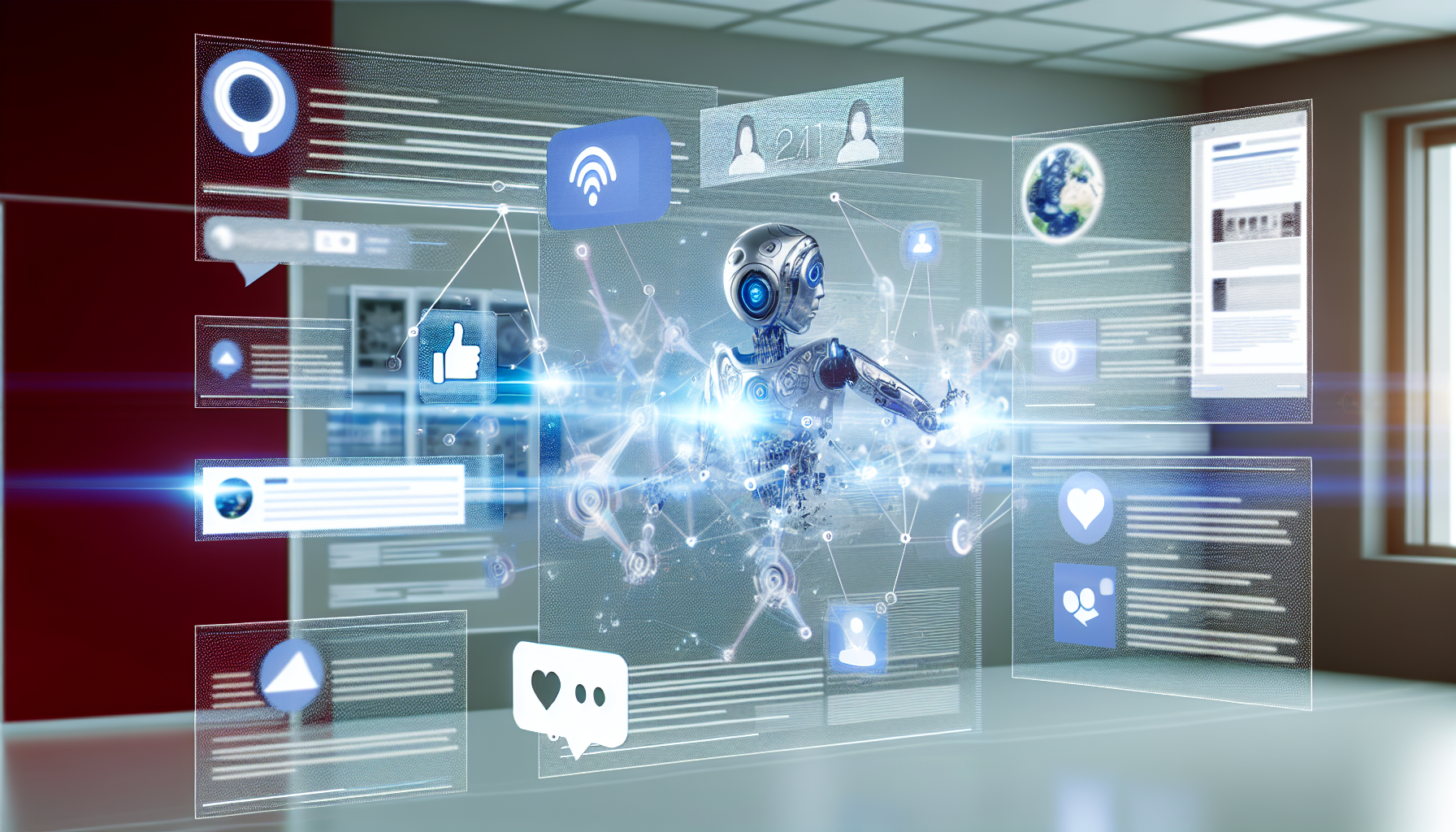 Erzeuge ein Bild eines kÃ¼nstlichen Intelligenzsystems, das Inhalte fÃ¼r soziale Medien erstellt. Die KI wird als futuristische, abstrakte digitale EntitÃ¤t dargestellt, die mit verschiedenen Multimedia-Elementen wie TextbeitrÃ¤gen, Bildern und Videos auf einer schwebenden holografischen BenutzeroberflÃ¤che interagiert. Elemente, die mit beliebten sozialen Medienplattformen verbunden sind, wie ein 'GefÃ¤llt mir'-Button, ein 'Teilen'-Button und Suchleisten, sind ebenfalls vorhanden. Die Umgebung ist modern, sauber und hochtechnologisch.