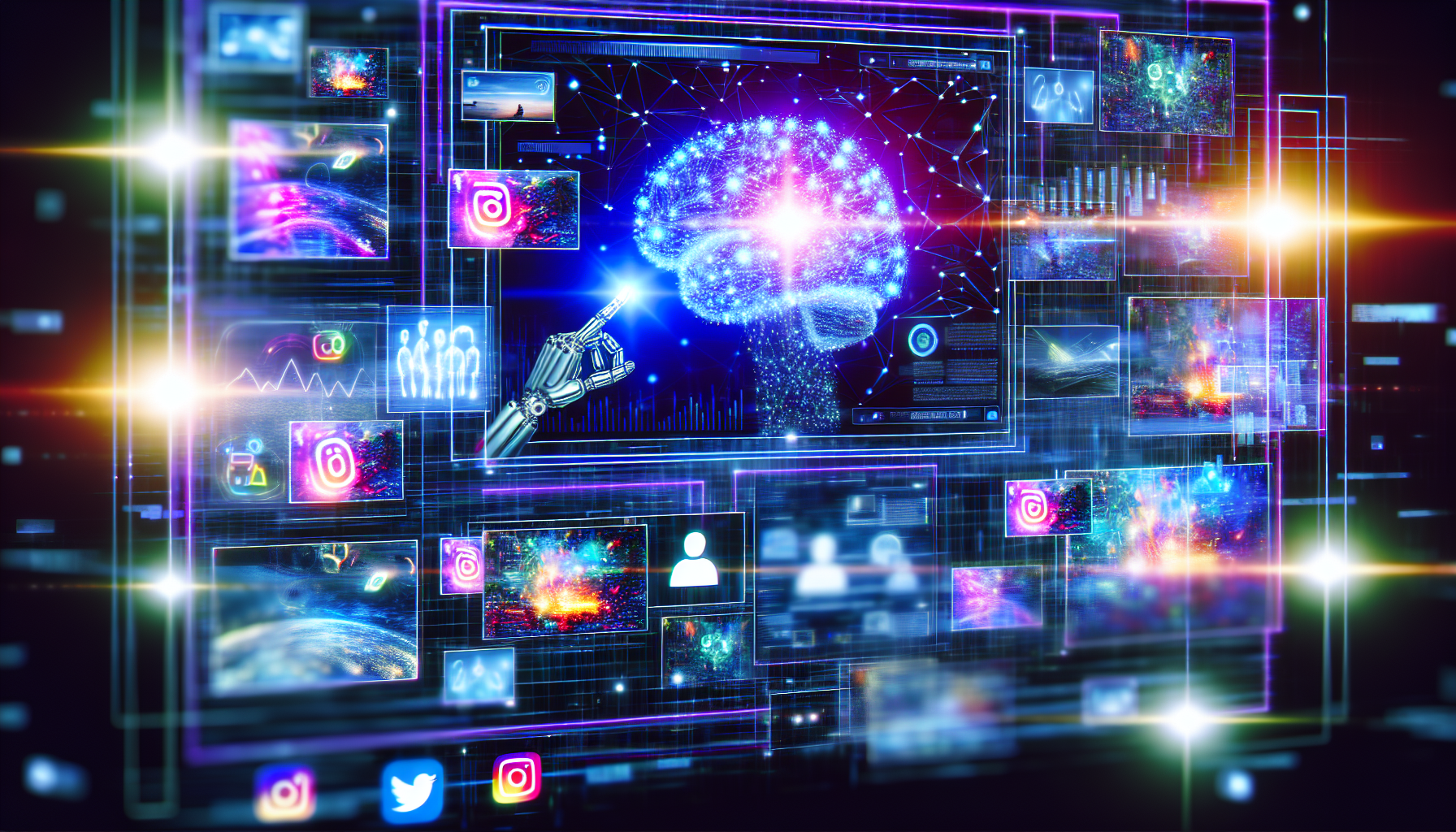 Stellen Sie sich ein kÃ¼nstliches Intelligenzsystem vor, das Inhalte fÃ¼r soziale Medien erstellt. Visualisieren Sie eine futuristische ComputeroberflÃ¤che, die mit Grafiken eines neuronalen Netzwerks bevÃ¶lkert ist, das leuchtende Lichter ausstrahlt und eine Vielzahl von Daten verarbeitet, die durch holografische Diagramme und Grafiken dargestellt werden. In der Mitte befindet sich eine digitale Hand, die einen fesselnden Social-Media-Beitrag verfasst, der lebendige und wunderschÃ¶n gestaltete digitale Kunstbilder, virale Videos und ansprechenden Text enthÃ¤lt. Umher schwebende Social-Media-Icons zeigen, durch welche KanÃ¤le dieser Inhalt geteilt wird. Die gesamte Umgebung sollte sehr fortschrittlich und voller hochmoderner Elemente sein.