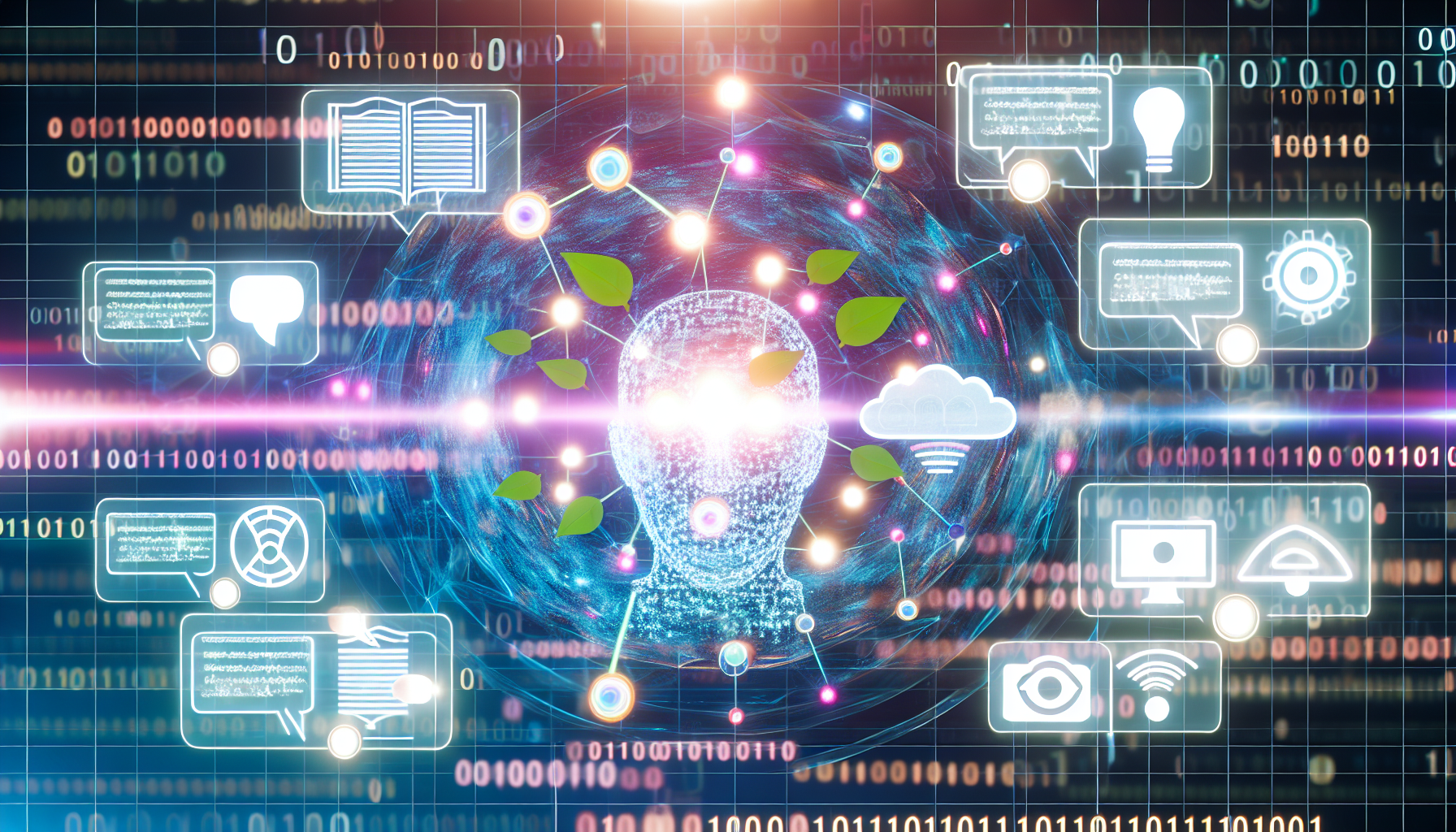 Erstellen Sie ein Bild, das das Konzept der Generierung von Inhalten fÃ¼r soziale Medien mithilfe von kÃ¼nstlicher Intelligenz darstellt. Das Bild kann eine virtuelle RealitÃ¤t zeigen, in der verschiedene Arten von Inhalten wie BlogbeitrÃ¤ge, Tweets und Memes autonom von KI produziert werden, die als leuchtende Lichtkugeln dargestellt sind. Die Interaktion zwischen Nutzern und der KI kann durch Linien oder farbige Strahlen dargestellt werden, die den Datenfluss reprÃ¤sentieren. FÃ¼gen Sie Elemente hinzu, die die digitale Natur dieses Prozesses anzeigen, wie schwebende BinÃ¤rcodes oder transparente Bildschirme, die Algorithmen anzeigen.