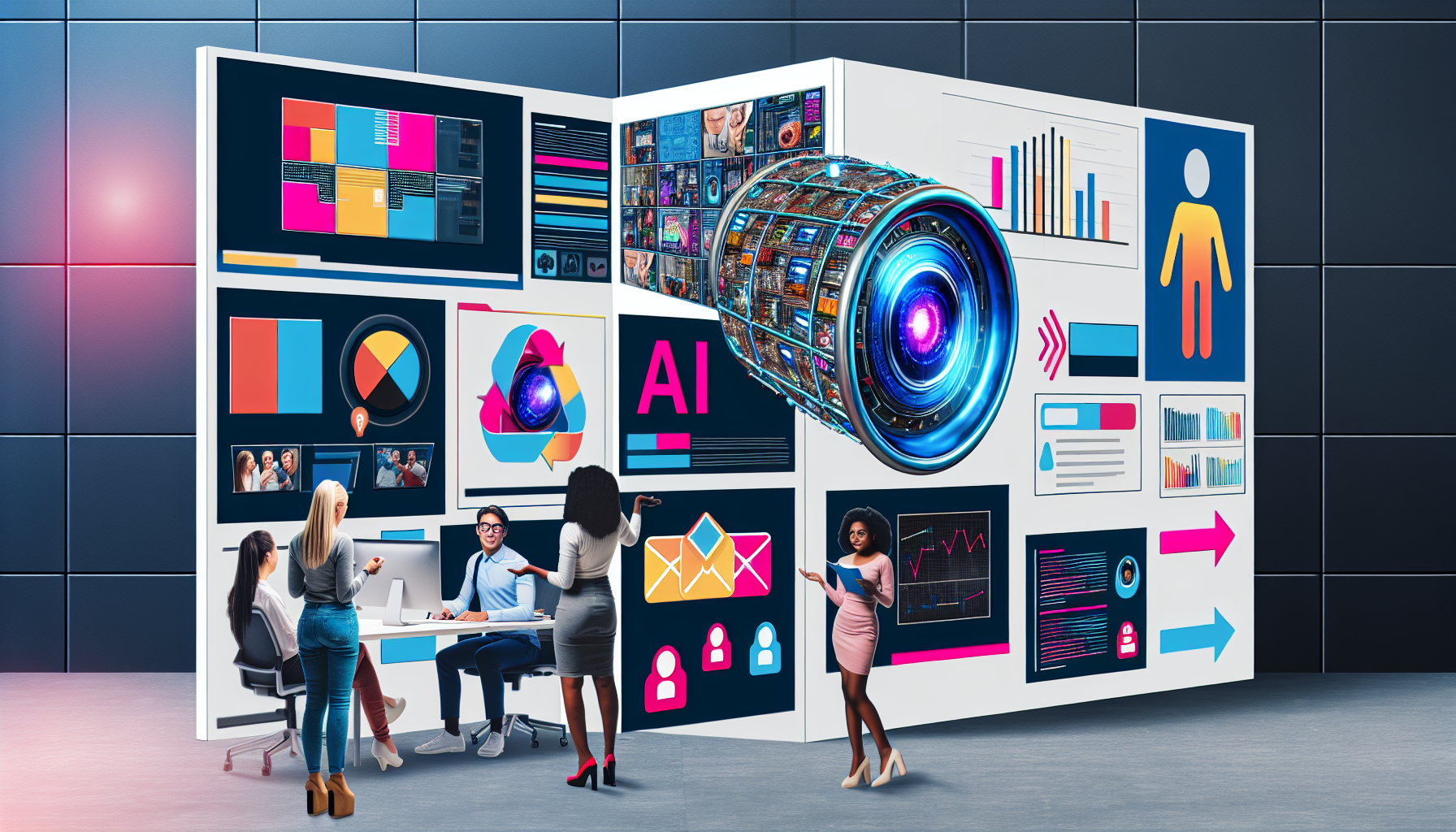 Erstellen Sie ein Bild, das den Prozess zeigt, wie kÃ¼nstliche Intelligenz zur Erstellung von Inhalten fÃ¼r soziale Medien verwendet wird. Dies umfasst die Darstellung eines futuristischen Computers mit fortschrittlicher Technologie und hochmoderner Software. Zeigen Sie auch einige BeispielbeitrÃ¤ge, wie eine farbenfrohe Infografik, ein ansprechendes Video und einen attraktiven Blogbeitrag auf einer simulierten Social-Media-Plattform. Integrieren Sie eine Mischung von Personen, die an diesem Projekt arbeiten: eine kaukasische Frau, ein hispanischer Mann, ein sÃ¼dasiatischer Mann und eine schwarze Frau. Sie brainstormen Ideen, konfigurieren das KI-Programm, gestalten die Inhalte und fÃ¼hren die Bewertung durch.