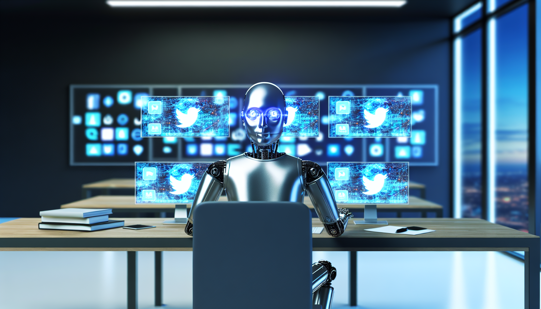 Erzeuge ein Bild von kÃ¼nstlicher Intelligenz (KI), die Inhalte fÃ¼r soziale Medien erstellt. Die Darstellung sollte metaphorisch sein und eine humanoide Roboterfigur mit kÃ¼hler, metallischer Haut und leuchtenden Augen zeigen, die an einem modernen BÃ¼rotisch sitzt. Zeige mehrere digitale Bildschirme mit einer Vielzahl von Symbolen, die verschiedene soziale Medienplattformen reprÃ¤sentieren. Stelle sicher, dass die Figur aktiv mit den Bildschirmen interagiert; vielleicht tippt sie oder zieht digitale Elemente und lÃ¤sst sie fallen. Die BÃ¼roszene sollte minimalistisch und futuristisch sein und die Dominanz der Technologie im Arbeitsumfeld betonen.