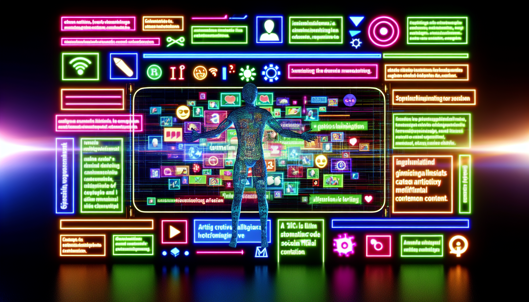 Erstellen Sie ein Bild, das die Rolle der kÃ¼nstlichen Intelligenz bei der Erstellung von Inhalten fÃ¼r soziale Medien veranschaulicht. Ein Bildschirm, der mit verschiedenen Elementen gefÃ¼llt ist, wie kurzen kreativen Texten, interessanten Infografiken, ansprechenden Videoclips, bunten Emojis und relevanten Hashtags. Der Hauptfokus sollte eine drahtgitterartige humanoide Figur in der Mitte sein, die die Elemente auf harmonische und effiziente Weise manipuliert. Die Stimmung sollte lebhaft, futuristisch und dynamisch sein und die aufregenden MÃ¶glichkeiten der KI in der Erstellung von Inhalten fÃ¼r soziale Medien beleuchten.