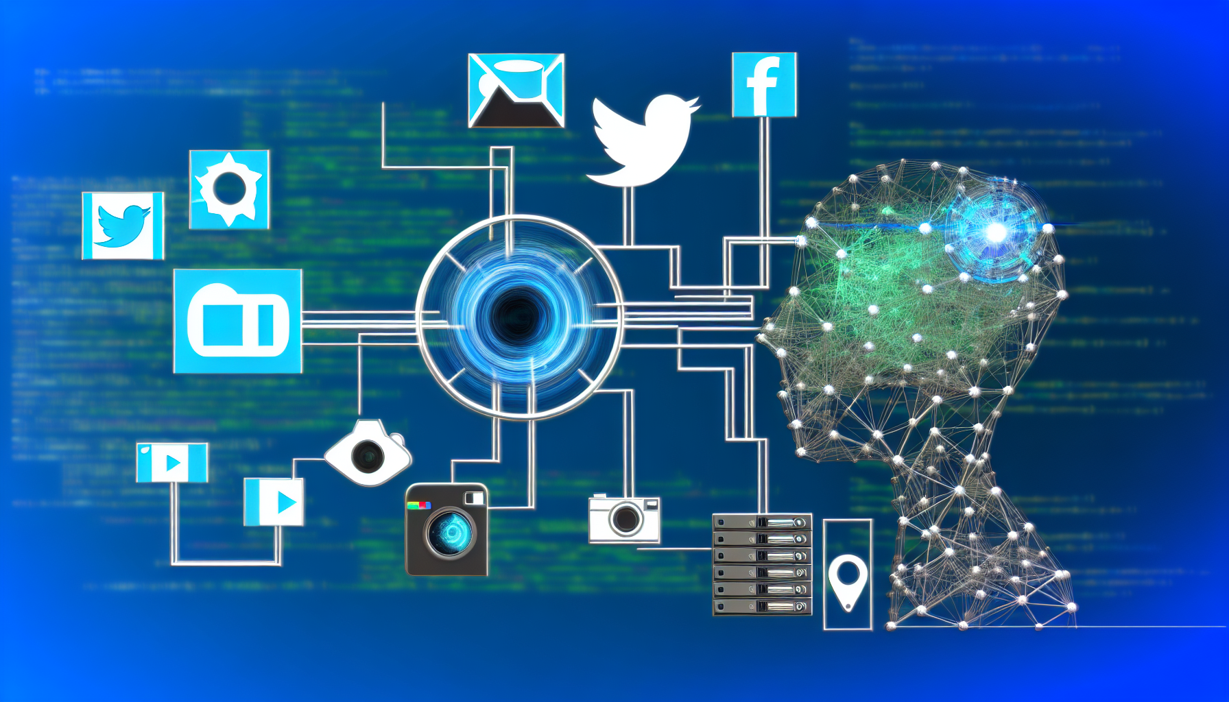 Erstellen Sie ein Bild, das das Konzept der Erstellung von Inhalten fÃ¼r soziale Medien mithilfe von kÃ¼nstlicher Intelligenz darstellt. Dies sollte verschiedene wichtige Logos sozialer Medien enthalten, wie ein Vogelsymbol fÃ¼r Mikroblogging, ein Kamerasymbol fÃ¼r das Teilen von Fotos, ein 'f'-Symbol fÃ¼r ein bekanntes soziales Netzwerk usw. AuÃŸerdem sollte KI durch Grafiken zum maschinellen Lernen oder Bilder von neuronalen Netzwerken sowie Computerhardware wie Server und einen KI-Roboter dargestellt werden. Insgesamt sollte das Bild den Prozess der KI-Analyse, der Inhaltserstellung und der Verbreitung Ã¼ber verschiedene soziale Medienplattformen vermitteln.