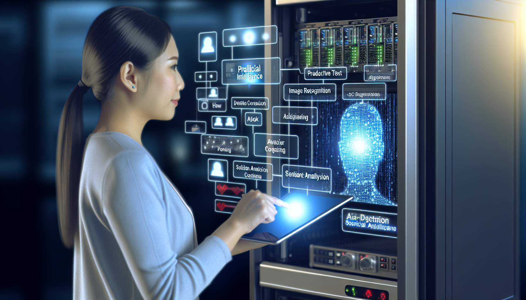 Erstellen Sie ein Bild, das den Prozess der Nutzung von KÃ¼nstlicher Intelligenz zur Erstellung von Inhalten fÃ¼r soziale Medien darstellt. Zeigen Sie ein schlankes, modernes Computersystem mit mehreren Datenpunkten und Algorithmen, die auf dem Bildschirm laufen, und heben Sie Techniken wie prÃ¤diktiven Text, Bilderkennung und Sentiment-Analyse hervor. FÃ¼gen Sie auch eine Benutzerin hinzu, eine asiatische Frau, die mit dem System interagiert, vielleicht indem sie Einstellungen anpasst oder generierte Inhalte auf einem Tablet-GerÃ¤t Ã¼berprÃ¼ft. Um das Bild interessanter zu gestalten, fÃ¼gen Sie einen sanften Glanz hinzu, der anzeigt, dass das KI-System aktiv ist.