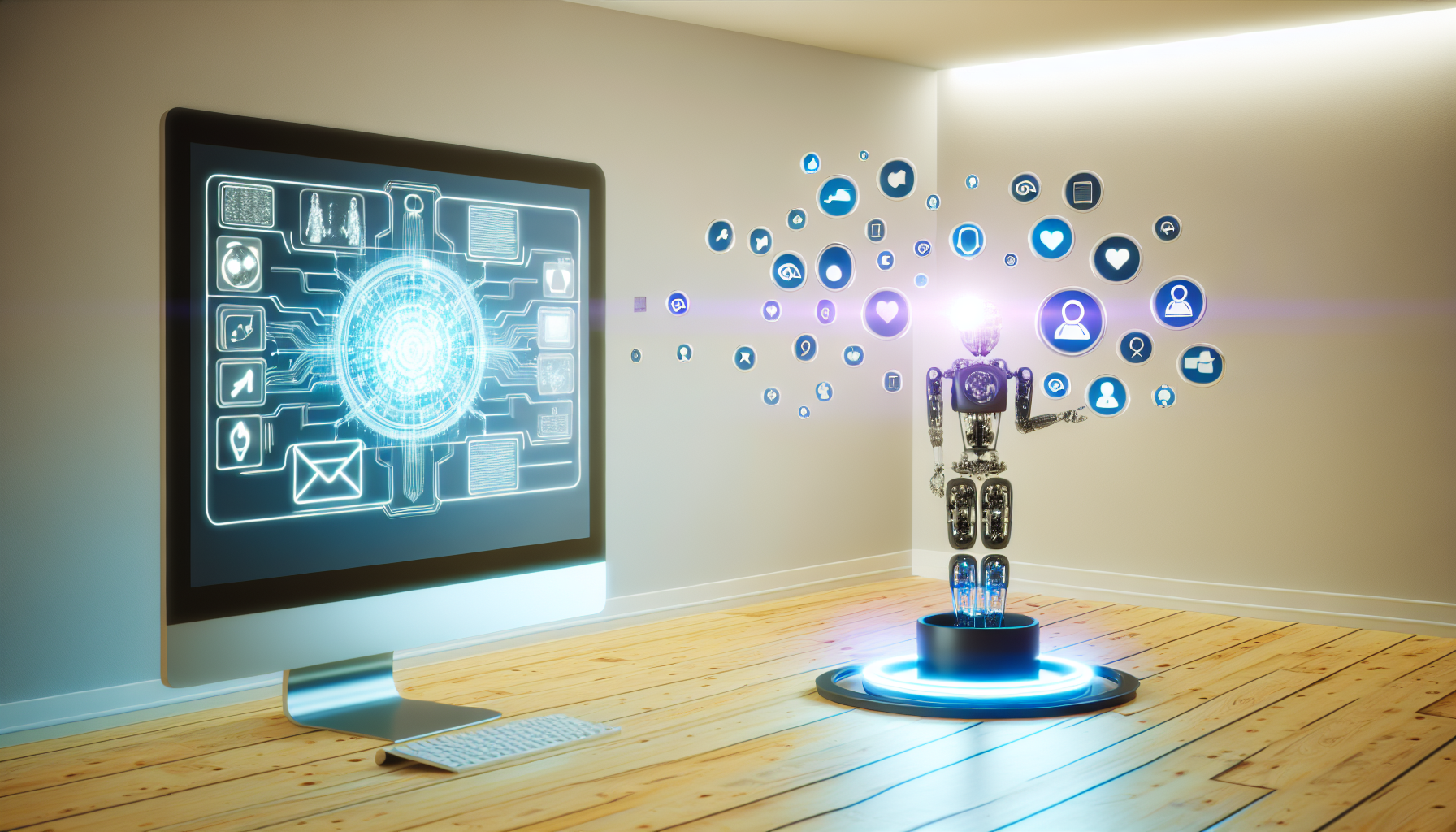 Eine Illustration, die das Konzept der Erstellung von Inhalten fÃ¼r soziale Medien mit kÃ¼nstlicher Intelligenz zeigt. Die Szene umfasst einen futuristischen Computer, auf dessen Bildschirm komplexe Algorithmen angezeigt werden, sowie verschiedene Symbole sozialer Medien, die in der Luft schweben. Der Raum, in dem sich der Computer befindet, ist modern und sauber, mit ambienter Beleuchtung, die subtile Schatten auf den Holzboden wirft. Optional kann ein virtueller Assistent als Hologramm dargestellt werden, der das Endprodukt prÃ¤sentiert: einen perfekten Social-Media-Beitrag, der bereit ist, geteilt zu werden.