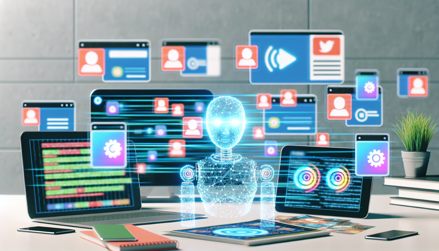 Ein Szenario, in dem kÃ¼nstliche Intelligenz Inhalte fÃ¼r soziale Medien erstellt. Vielleicht gibt es verschiedene GerÃ¤te, die KI-generierte Bilder, Artikel und Videos auf beliebten sozialen Medienplattformen anzeigen. Die KI kÃ¶nnte sogar als Hologramm dargestellt werden, mit DatenstrÃ¶men und Code, die von ihr ausgehen, um den Fluss des kreativen Prozesses zu symbolisieren. Die Umgebung ist modern und digital.