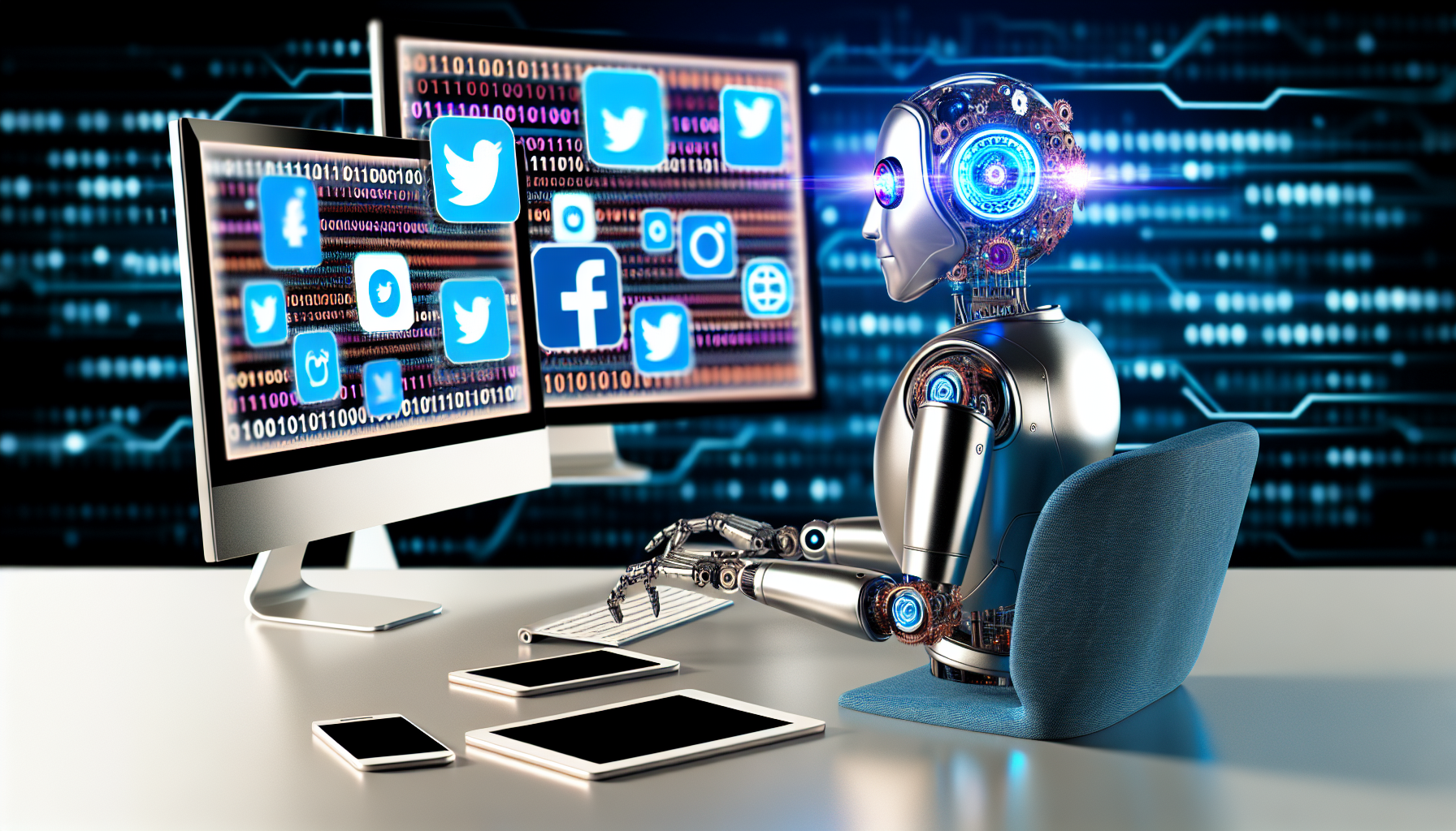 Ein Bild, das das Konzept der Nutzung von kÃ¼nstlicher Intelligenz zur Erstellung von Inhalten fÃ¼r soziale Medien darstellt. Zeigen Sie einen eleganten, modernen Roboter mit leuchtenden Augen, kunstvoll gestalteten ZahnrÃ¤dern und einem metallischen KÃ¶rper, der an einem zeitgenÃ¶ssischen Schreibtisch sitzt, an dem mehrere Monitore verschiedene soziale Medienplattformen anzeigen â€“ denken Sie an Twitter, Instagram, Facebook. Der Roboter tippt aktiv und interagiert mit diesen Plattformen, postet Bilder, schreibt Tweets und aktualisiert Statusmeldungen. Im Hintergrund kÃ¶nnen alternative Designelemente wie BinÃ¤rcode, neuronale Netzwerke und andere Symbole, die mit kÃ¼nstlicher Intelligenz assoziiert werden, enthalten sein.
