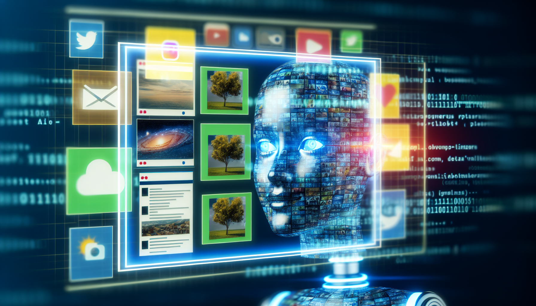 Erzeuge ein Bild von kÃ¼nstlicher Intelligenz (KI), die Inhalte fÃ¼r soziale Medien erstellt. Visualisiere eine futuristische, digitale KI-OberflÃ¤che mit holografischen Bildschirmen, die eine Vielzahl von Social-Media-BeitrÃ¤gen anzeigen â€“ von BlogeintrÃ¤gen Ã¼ber Foto-Updates bis hin zu kurzen Videoausschnitten. Die KI kann als fortschrittlicher Roboter mit einem Display-Gesicht personifiziert werden, der in die Aufgabe vertieft ist und die komplexen CodeverarbeitungsfÃ¤higkeiten symbolisiert.