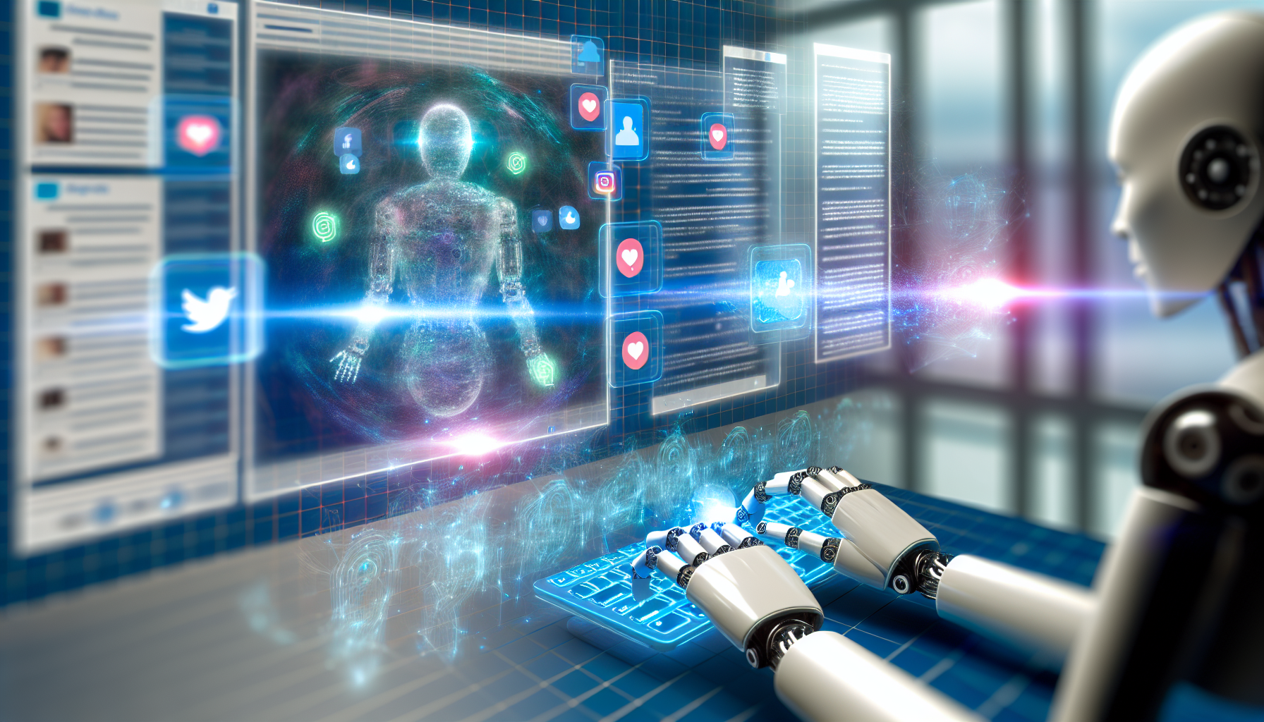 Erstellen Sie ein Bild, das kÃ¼nstliche Intelligenz darstellt, die Inhalte fÃ¼r soziale Medien generiert. Die Szene zeigt einen futuristischen Raum mit holografischen Displays, die verschiedene soziale Medienplattformen prÃ¤sentieren. Eine robotische Hand ist zu sehen, die auf einer holografischen Tastatur tippt und BeitrÃ¤ge erstellt. Im Hintergrund flieÃŸt eine Daten- und Algorithmusdarstellung in Form holografischer LichtstrÃ¶me.