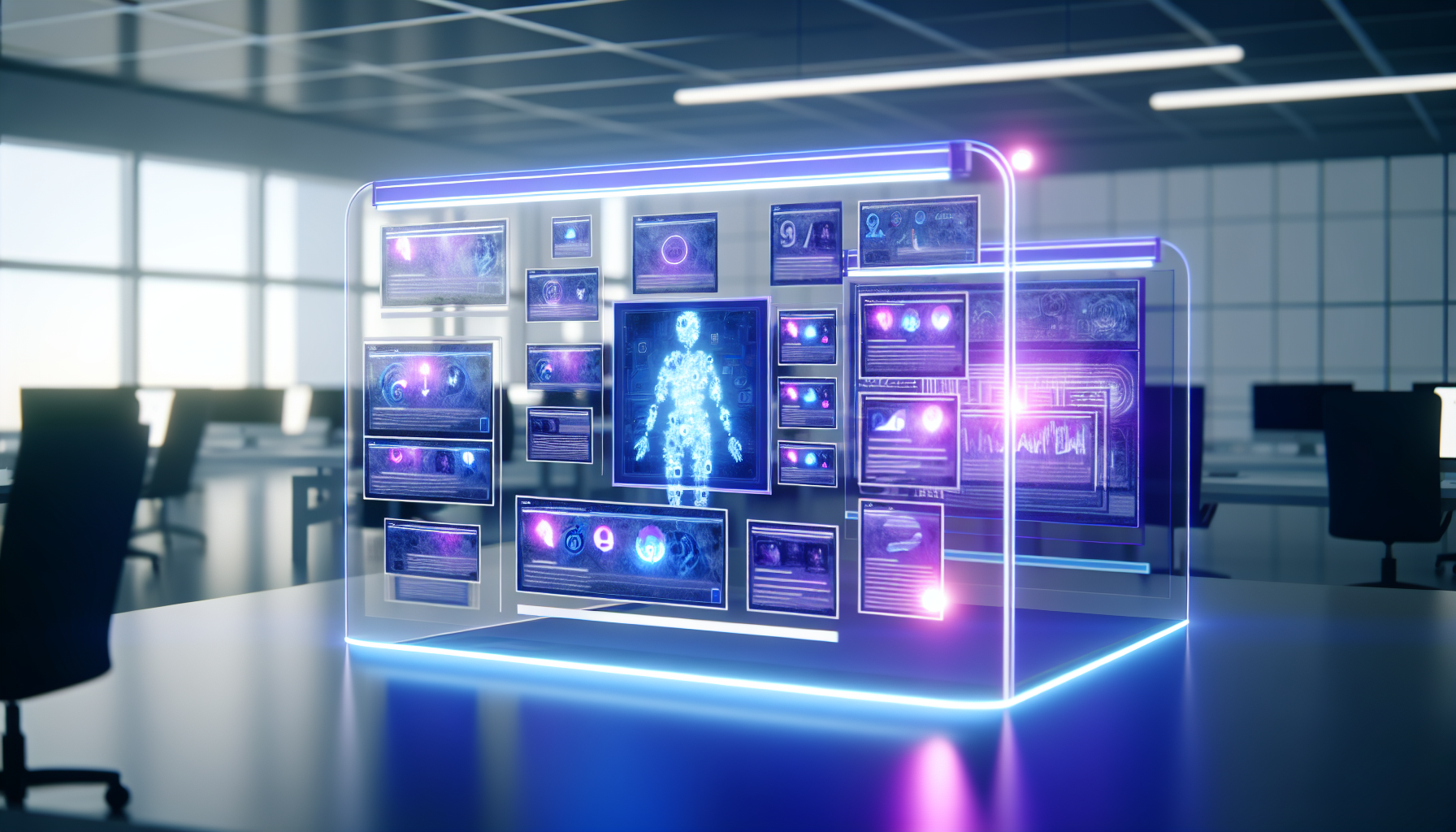 Erzeuge ein Bild eines kÃ¼nstlichen Intelligenzsystems, das Inhalte fÃ¼r soziale Medien erstellt. Die KI sollte als futuristische Arbeitsstation visualisiert werden, mit mehreren transparenten Bildschirmen, die in Blau- und LilatÃ¶nen leuchten. Die Bildschirme sollten verschiedene soziale MedienoberflÃ¤chen anzeigen, mit EntwÃ¼rfen von BeitrÃ¤gen, Infografiken und kurzen Videos, die sich im Designprozess befinden. Die Arbeitsstation sollte sich in einem sauberen und modernen BÃ¼ro befinden, das von sanftem, ambientem Licht beleuchtet wird.