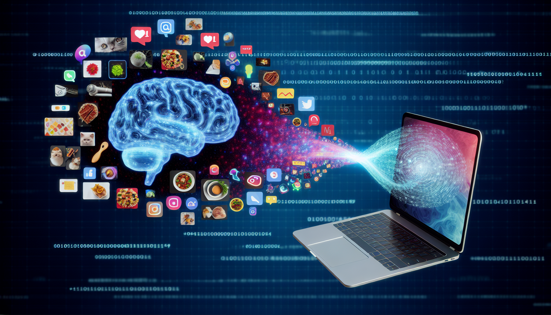 Visualisieren Sie kÃ¼nstliche Intelligenz, die Inhalte fÃ¼r soziale Medien erstellt. Ein deutlich sichtbares KI-Gehirn symbolisiert Intelligenz, zusammen mit einem modernen ComputergerÃ¤t wie einem Laptop. Die KI generiert dynamisch Texte, Bilder und Emojis, die aus dem Bildschirm des Laptops hervortreten und eine Welle bilden, die sich in kreative Social-Media-BeitrÃ¤ge verwandelt. Die BeitrÃ¤ge, die im Nichts um das Gehirn schweben, umfassen eine Vielzahl von Inhalten wie Reisefotografie, Katzen-Memes, kulinarische KÃ¶stlichkeiten, motivierende Zitate, wissenschaftliche Fakten usw.