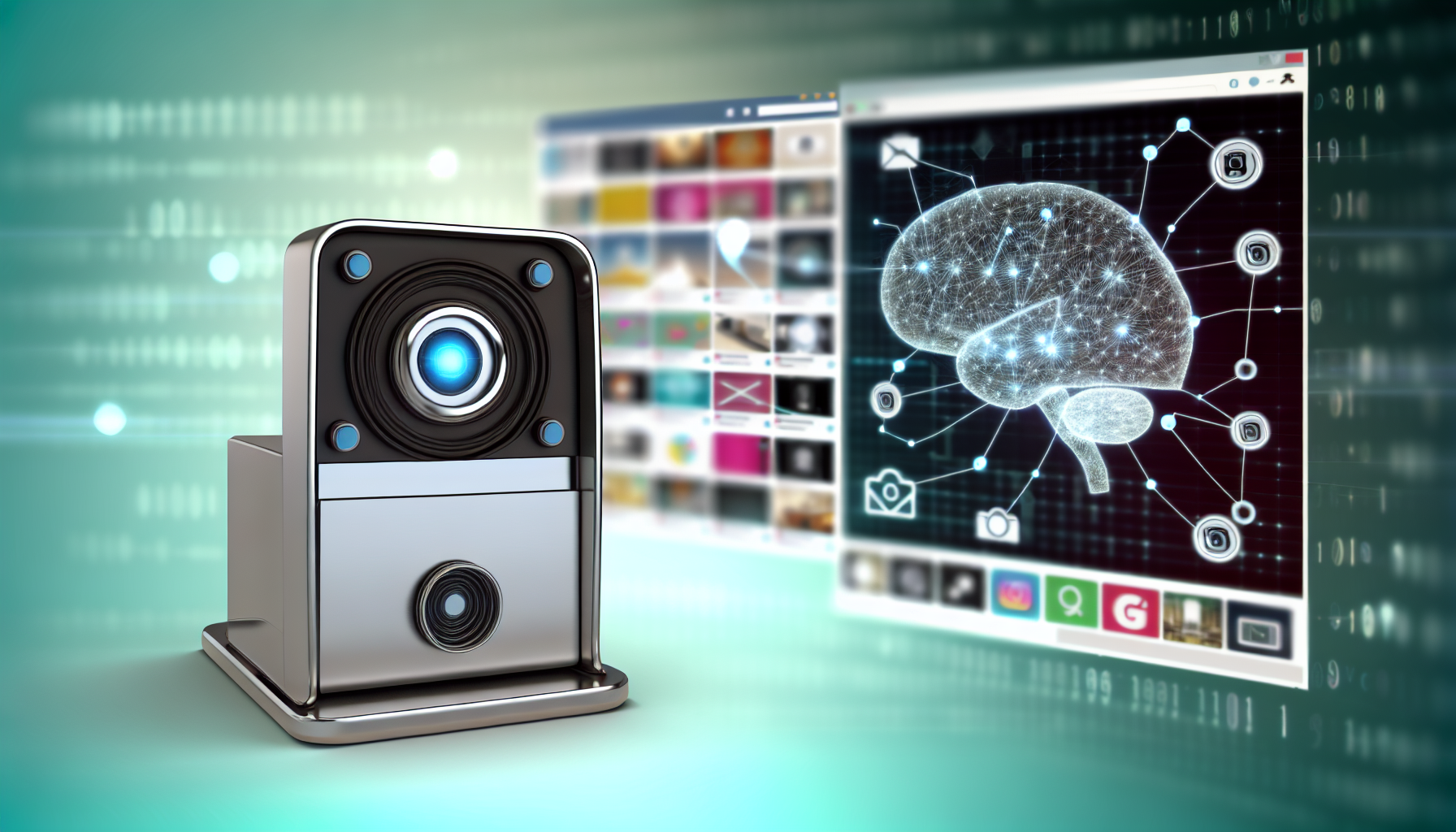 Visualisieren Sie ein Konzept, bei dem eine kÃ¼nstliche Intelligenz-Maschine Inhalte fÃ¼r eine Social-Media-Plattform generiert. Die Maschine sollte durch einen schlanken, modernen Computer symbolisiert werden, der eine sichtbare, hirnÃ¤hnliche Struktur aufweist, um ihre kognitiven FÃ¤higkeiten anzuzeigen. Die Social-Media-Inhalte kÃ¶nnten digitale Bilder, stilisierte Texte und interaktive Elemente umfassen, die von dem Computer produziert und dann auf einer generischen Social-Media-Plattform geteilt werden, die durch einen groÃŸen Bildschirm dargestellt wird, auf dem verschiedene BeitrÃ¤ge angezeigt werden.