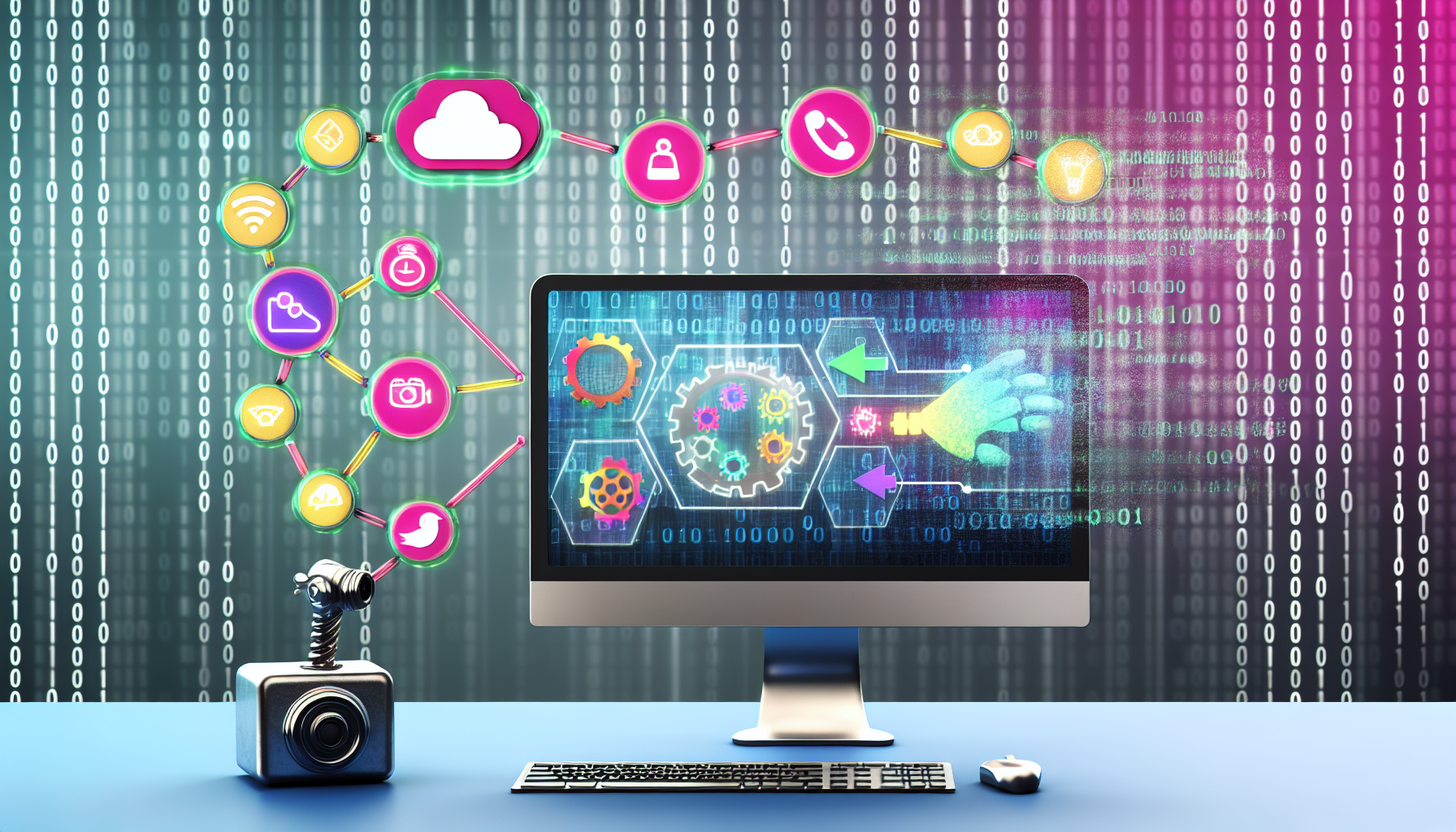 Visualisieren Sie das Konzept der Erstellung von Inhalten fÃ¼r soziale Medien mit kÃ¼nstlicher Intelligenz. Es zeigt einen Desktop-Computer mit einer bunten, modernen BenutzeroberflÃ¤che. Der Bildschirm zeigt verschiedene Symbole von sozialen Medien, wie einen Vogel, eine altmodische Kamera und ein Play-Symbol. Auf dem Bildschirm gibt es einen Fluss oder eine Verbindung, die zeigt, wie KI Inhalte analysiert, strategisiert und verÃ¶ffentlicht. Diese Prozesse werden durch ZahnrÃ¤der, Grafiken und eine robotische Hand dargestellt, die auf die 'Posten'-SchaltflÃ¤che drÃ¼ckt. Im Hintergrund wehen auch binÃ¤re Codes, die die zugrunde liegende Datenverarbeitung reprÃ¤sentieren.