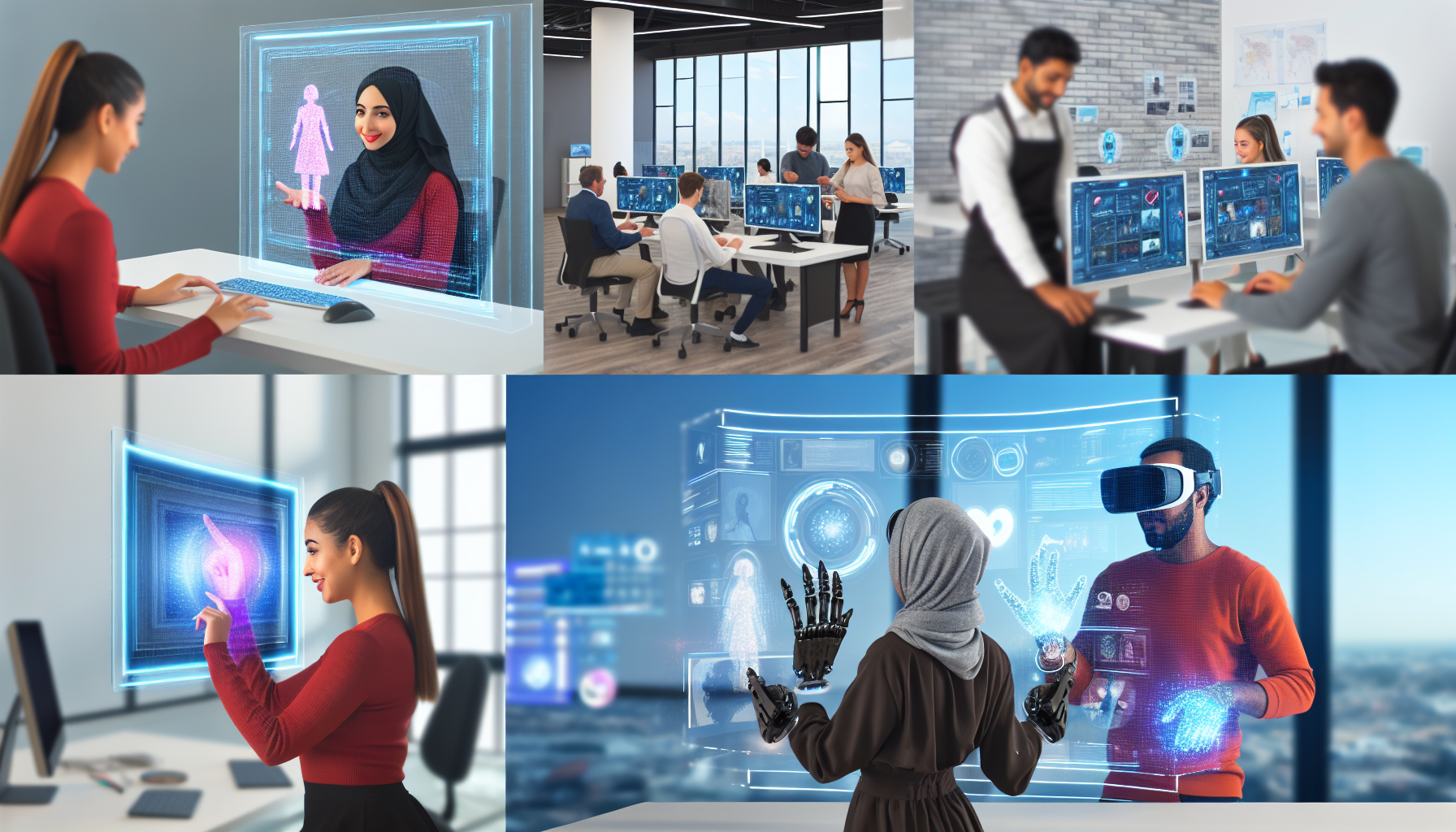 Erstellen Sie ein Bild, das den Prozess der Erstellung von Inhalten fÃ¼r soziale Medien mithilfe von kÃ¼nstlicher Intelligenz darstellt. Zeigen Sie eine vielfÃ¤ltige Gruppe von Personen, die mit futuristischen Technologiesystemen interagieren. Eine mittelÃ¶stliche Frau arbeitet an einem groÃŸen, interaktiven holografischen Bildschirm und gestaltet einen ansprechenden Social-Media-Beitrag. Ein sÃ¼dasiatischer Mann in einer anderen Ecke verfeinert ein KI-Modell an einem transparenten, berÃ¼hrungsempfindlichen Computerterminal. Gleichzeitig ist eine schwarze Frau zu sehen, die mit Virtual-Reality-Handschuhen eine 3D-Animation fÃ¼r ein Werbevideo orchestriert. Alles in einem modernen, offenen BÃ¼roraum, der mit technologischen GerÃ¤ten und Bildschirmen gefÃ¼llt ist, die Daten und Analysen anzeigen.