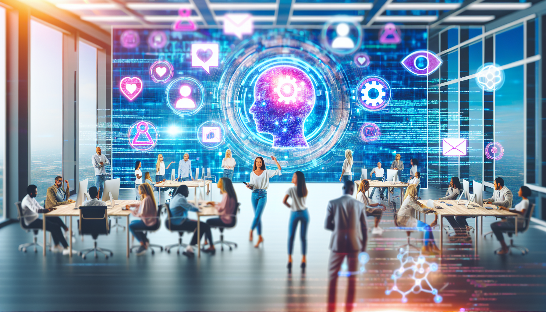 Erstellen Sie ein Bild, das das Konzept der Erstellung von Inhalten fÃ¼r soziale Medien mithilfe von kÃ¼nstlicher Intelligenz darstellt. Es kÃ¶nnte eine vielfÃ¤ltige Gruppe von Personen zeigen, die in einer hochmodernen und futuristischen Umgebung brainstormen, ausgestattet mit fortschrittlichen Computern und holografischen Bildschirmen, die verschiedene BeitrÃ¤ge fÃ¼r soziale Medien anzeigen. AuÃŸerdem kÃ¶nnte eine digitale kÃ¼nstliche Intelligenz als Hologramm dargestellt werden. Der Raum kÃ¶nnte mit dynamischen Codezeilen, 3D-Kreisdiagrammen, Balkendiagrammen und anderen technologischen und digitalen Elementen gefÃ¼llt sein, die Datenanalysen und Lernprozesse der KI signalisieren.
