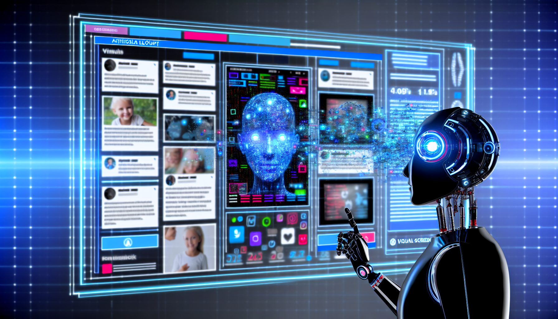 Erstellen Sie ein Bild, das kÃ¼nstliche Intelligenz darstellt, die ein Layout fÃ¼r Social-Media-Inhalte generiert. Zeigen Sie einen groÃŸen digitalen Bildschirm, der Inhalte wie BlogbeitrÃ¤ge, Tweets und Fotos anzeigt. Neben dem Bildschirm sollte ein futuristischer Roboter mit einem visuellen Bildschirmgesicht zu sehen sein, der die Inhalte scannt und analysiert. Es sollte so aussehen, als wÃ¼rde der Roboter neue Social-Media-BeitrÃ¤ge kuratieren und entwerfen. FÃ¼gen Sie auch zahlreiche digitale Partikel und DatenstrÃ¶me in Form von binÃ¤ren Daten hinzu, die vom Roboter zum Bildschirm flieÃŸen, um den Datentransfer zu symbolisieren. Keine menschlichen Figuren sollten im Bild enthalten sein.