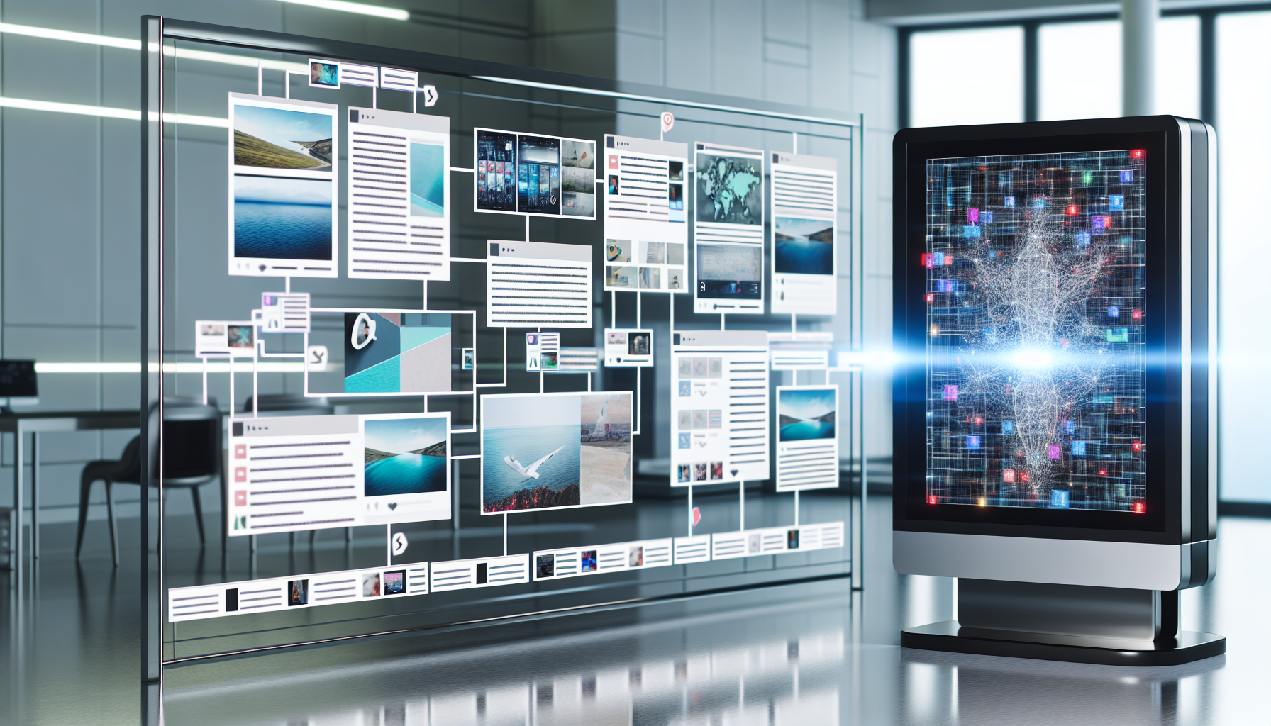 Ein kÃ¼nstliches Intelligenzsystem, das Inhalte fÃ¼r soziale Medien erstellt. Die KI wird als schlankes, modernes Computersystem dargestellt, das Ã¼ber mehrere Bildschirme verfÃ¼gt, die verschiedene Arten von Inhalten anzeigen, wie BlogbeitrÃ¤ge, Fotos und kurze Videos. Das System befindet sich in einem gut beleuchteten Raum mit minimalistischer Gestaltung. Es gibt auch eine Visualisierung der Prozesse der KI, dargestellt durch Code-StrÃ¶me und abstrakte digitale Kunst.