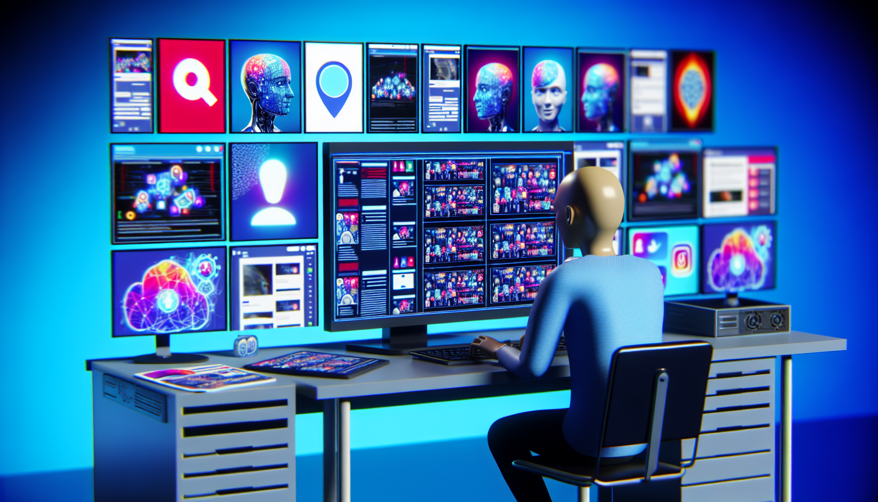 Erstellen Sie ein Bild, das ein kÃ¼nstliches Intelligenzsystem zeigt, das Inhalte fÃ¼r soziale Medien erstellt. Visualisieren Sie ein futuristisches Computer-Setup mit vielen Monitoren, die verschiedene Formen digitaler Inhalte anzeigen, wie BeitrÃ¤ge, Memes, Bilder, Videos und interaktive Animationen. Stellen Sie ein KI-Symbol dar, das an einem Arbeitsplatz arbeitet und BeitrÃ¤ge fÃ¼r verschiedene Plattformen wie Blogs, Video-Sharing-Plattformen und soziale Netzwerke zusammenstellt und erstellt.