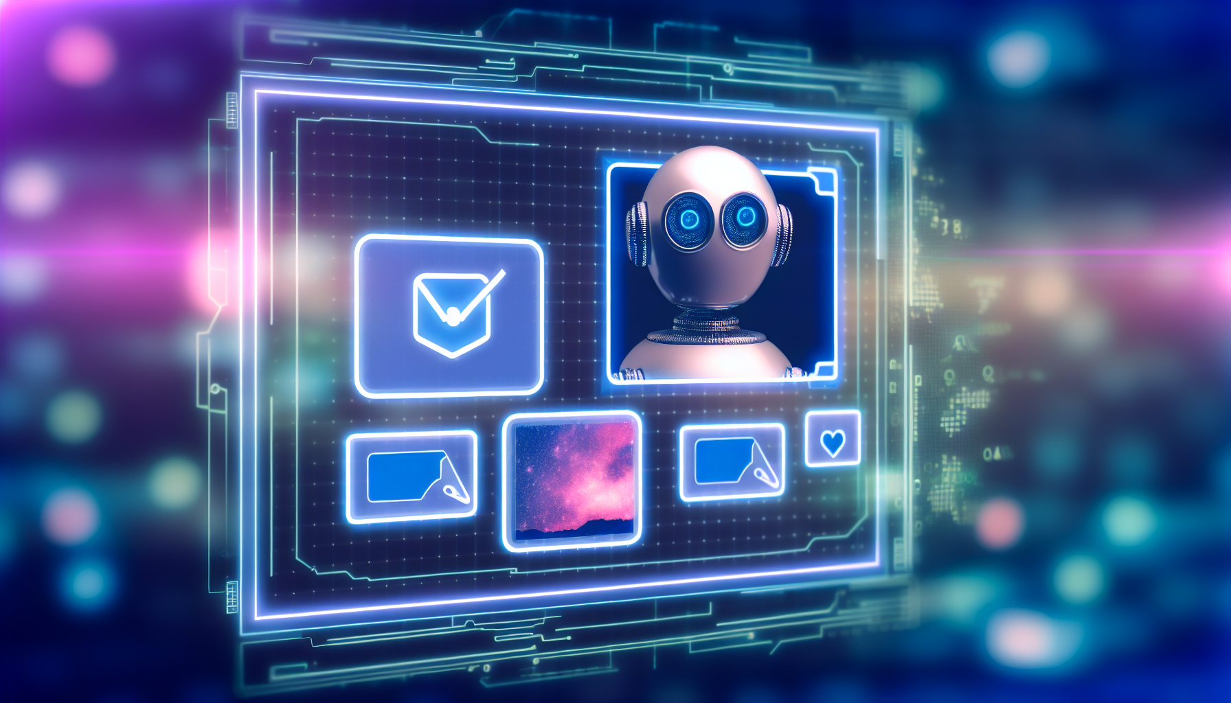 Illustrieren Sie das Konzept der kÃ¼nstlichen Intelligenz, die Inhalte fÃ¼r soziale Medien erstellt. Zeigen Sie ein Bild einer futuristischen BenutzeroberflÃ¤che, die eine KI-Anwendung darstellt, die als Roboter oder einfaches Symbol dargestellt wird und Bilder sowie TextbeitrÃ¤ge auf verschiedenen sozialen Medienplattformen verÃ¶ffentlicht. Diese Plattformen kÃ¶nnten beliebten Ã¤hneln, aber stellen Sie sicher, dass sie keine urheberrechtlich geschÃ¼tzten Logos oder Designs verletzen. Der Hintergrund sollte eine digitale Landschaft mit einem leichten Neon-Ã„sthetik sein.