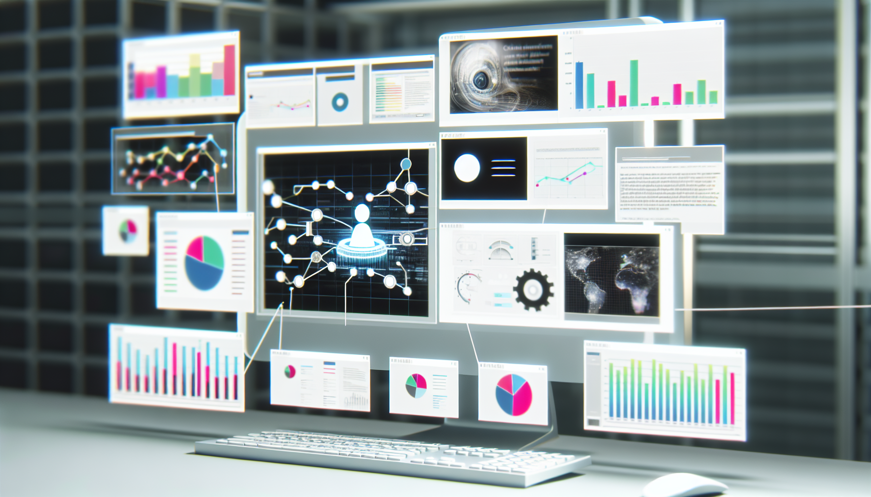 Eine Visualisierung einer kÃ¼nstlichen Intelligenz, die an der Erstellung von Inhalten fÃ¼r soziale Medien arbeitet. Stellen Sie sich ein fortschrittliches Computersystem vor, mit mehreren Bildschirmen, die verschiedene Aspekte des Prozesses der Erstellung von Inhalten fÃ¼r soziale Medien anzeigen. Das System befindet sich mitten in der Analyse und Erstellung von BeitrÃ¤gen, der Bearbeitung von Fotos und der Planung des VerÃ¶ffentlichungszeitplans â€“ alles wird autonom durchgefÃ¼hrt. Auf einem Bildschirm kÃ¶nnten Balkendiagramme zu den Analysen sozialer Medien zu sehen sein. Auf einem anderen kÃ¶nnte ein Entwurf eines Beitrags geschrieben werden. Denken Sie daran, dies ist ein Blick in die Zukunft der Inhaltserstellung, in der KI eine SchlÃ¼sselrolle spielt.