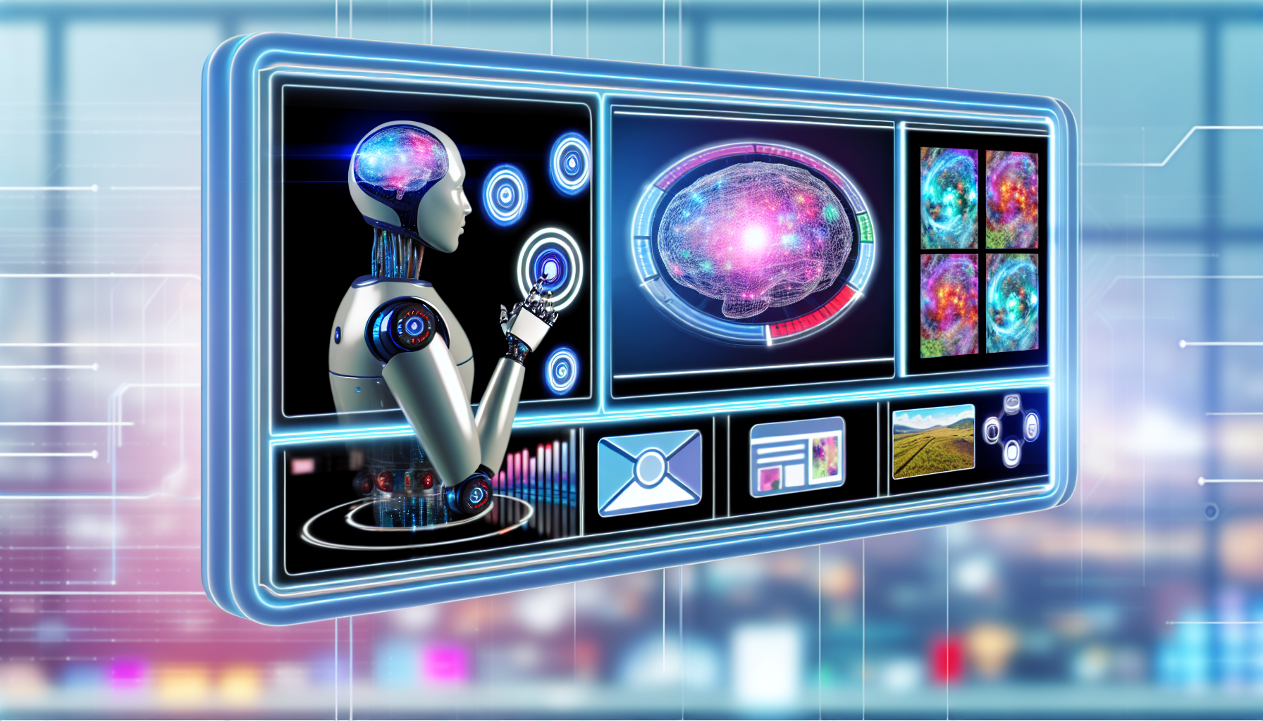 Stellen Sie sich ein futuristisches KI-Konsolensystem vor, das in einem lebendigen digitalen Arbeitsumfeld platziert ist. Die Konsole verfÃ¼gt Ã¼ber mehrere Bildschirme, die verschiedene Arten von Inhalten fÃ¼r soziale Medien anzeigen, darunter dynamische Infografiken, kreative Bilder und interaktive Videos. In der Mitte der Konsole befindet sich eine 3D-Darstellung eines neuronalen Netzwerks, das Ã¼ber GestenerkennungskapazitÃ¤ten verfÃ¼gt. Die gesamte Szene strahlt eine moderne und innovative AtmosphÃ¤re aus, die die fortschrittliche Technologie und die KreativitÃ¤t der KI unterstreicht.