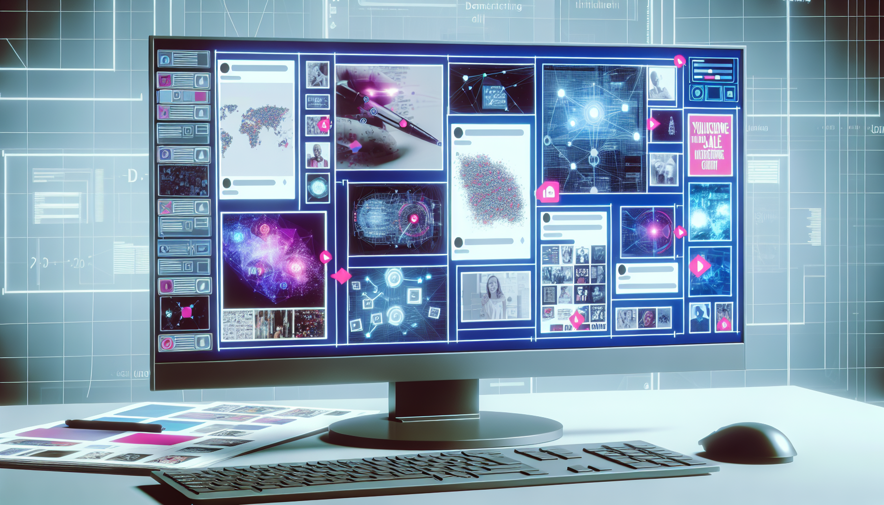 Erstellen Sie ein Bild eines Computerbildschirms, der eine Vielzahl von Social-Media-BeitrÃ¤gen zeigt, darunter ansprechende Infografiken, fesselnde nutzergenerierte Inhalte und humorvolle Memes. Der Bildschirm sollte auch eine BenutzeroberflÃ¤che fÃ¼r kÃ¼nstliche Intelligenz oder maschinelles Lernen anzeigen, die diesen Inhalt generiert. Die gesamte Umgebung sollte einen modernen Arbeitsplatz mit eleganten Designwerkzeugen und fortschrittlicher Technologie darstellen.