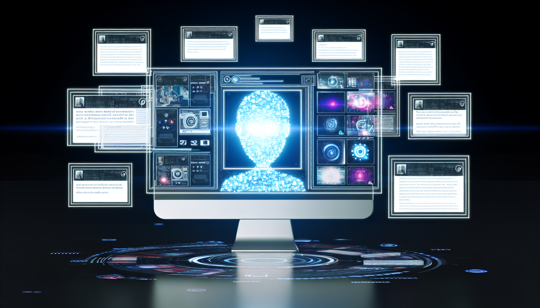 Erstellen Sie ein Bild, das ein KÃ¼nstliche Intelligenz-System darstellt, das Inhalte fÃ¼r soziale Medien generiert. Zeigen Sie einen hochentwickelten Computer mit holografischen Bildschirmen, die verschiedene Arten von Inhalten anzeigen, von TextbeitrÃ¤gen Ã¼ber Fotografien bis hin zu digitaler Kunst. Die Inhalte sollten Vielfalt in Bezug auf Sprache, Themen und visuelle Darstellungen widerspiegeln. Die KI sollte als leuchtende, geometrische digitale EntitÃ¤t visualisiert werden, die mit allen Elementen auf dem Bildschirm interagiert.