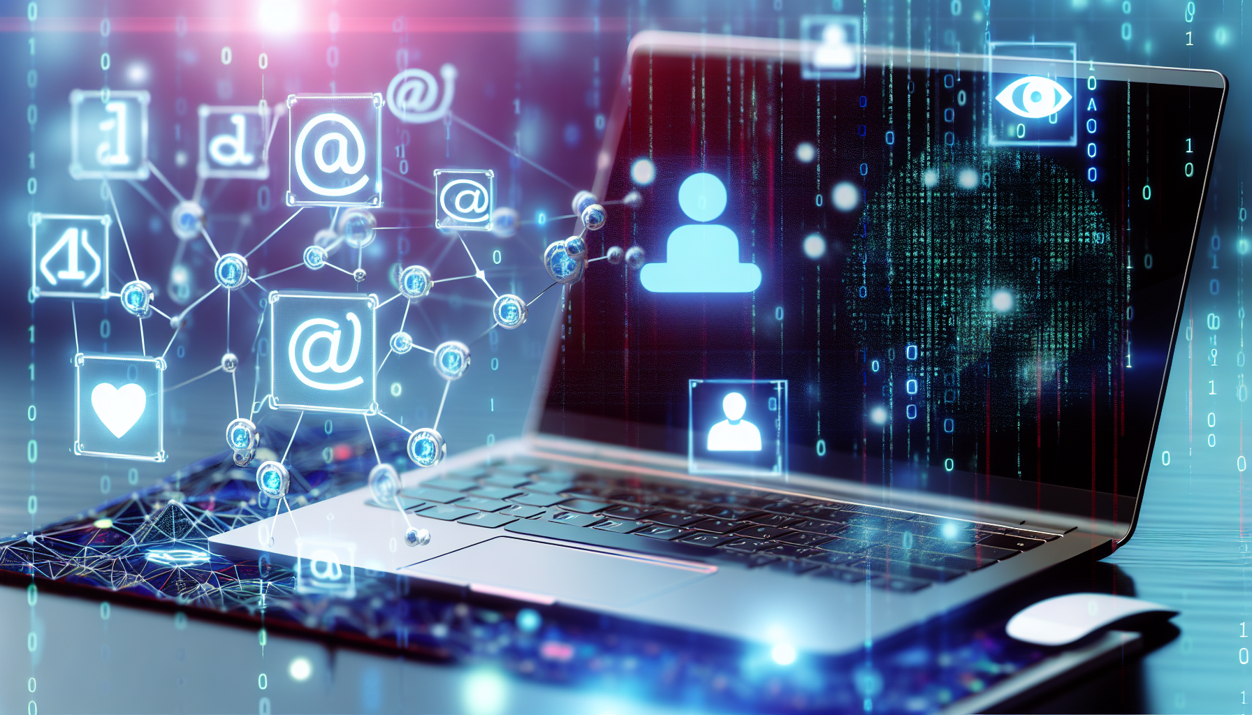 Erstellen Sie ein Bild, das den Prozess der kÃ¼nstlichen Intelligenz zur Generierung von Inhalten fÃ¼r soziale Medien darstellt. Ein futuristischer Laptop mit Code, der auf dem Bildschirm lÃ¤uft, steht auf einem Tisch, begleitet von Symbolen, die beliebte soziale Medienplattformen reprÃ¤sentieren. Elemente der KI-Technologie wie BinÃ¤rcode, Netzwerkdiagramme und algorithmische Muster sollten im Hintergrund sichtbar sein.